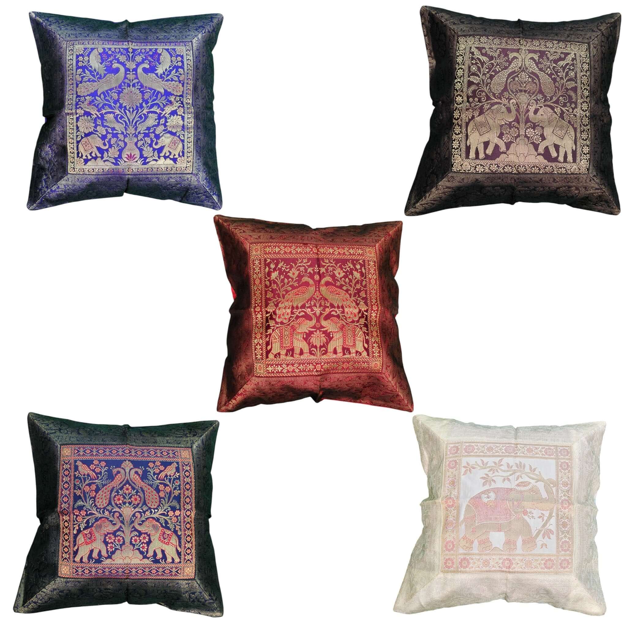 Set of 5 Banarasi silk digital print pillowcases