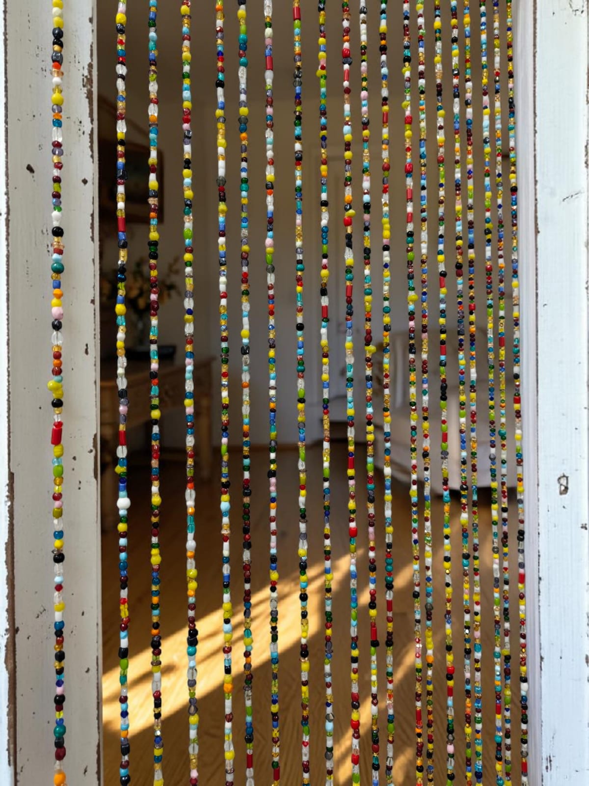 Bohemian Glass Beaded Door Curtain with Tinkling Bells, Colourful Handmade Hanging Bead Curtain for Doorways, Windows &amp; Wall Decor, Boho Room Divider for Bedroom, Living Room, 76 Inches