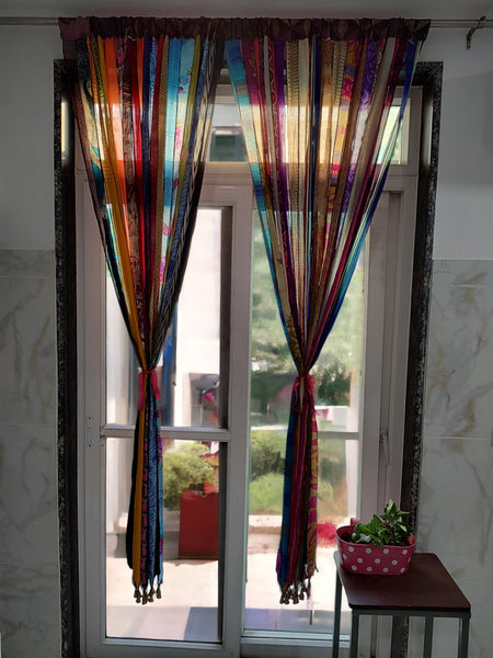 Old Silk Sari Multicolor Ribbon Doorway Curtain Hippie Bohemian Room Divider Light-Filtering Boho Curtains Rod Pocket Window Drape for Livingroom Bedroom 85 x 45 Inch