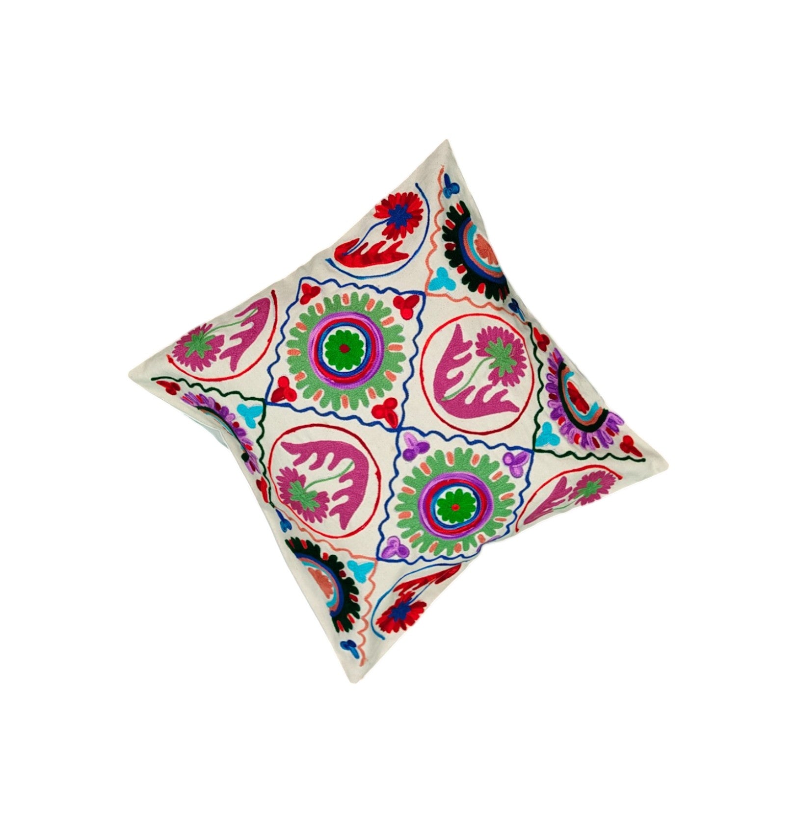 Colorful ethnic Suzani pattern cushion cover showcasing vibrant multicolor design, perfect for decorative pillows.