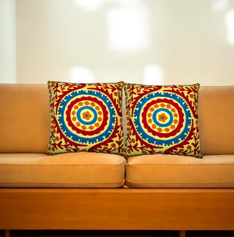 Boho mandala cushion covers with vibrant multicolor design on a cozy sofa, perfect for decorative pillow accents.