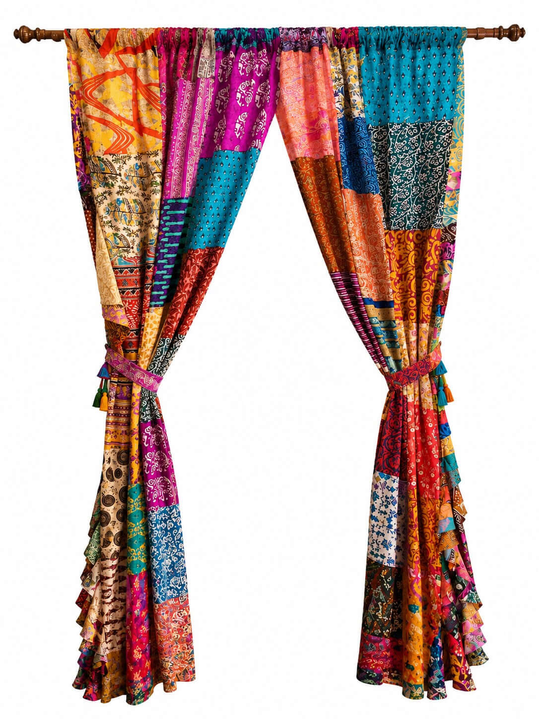 Recycled Silk Sari Patchwork Boho Curtains, Handmade Vintage Indian Drapes, Multicolor Rod Pocket Window Panels for Living Room Bedroom Doorway Decor, 80 x 45 Inch, Set of 2