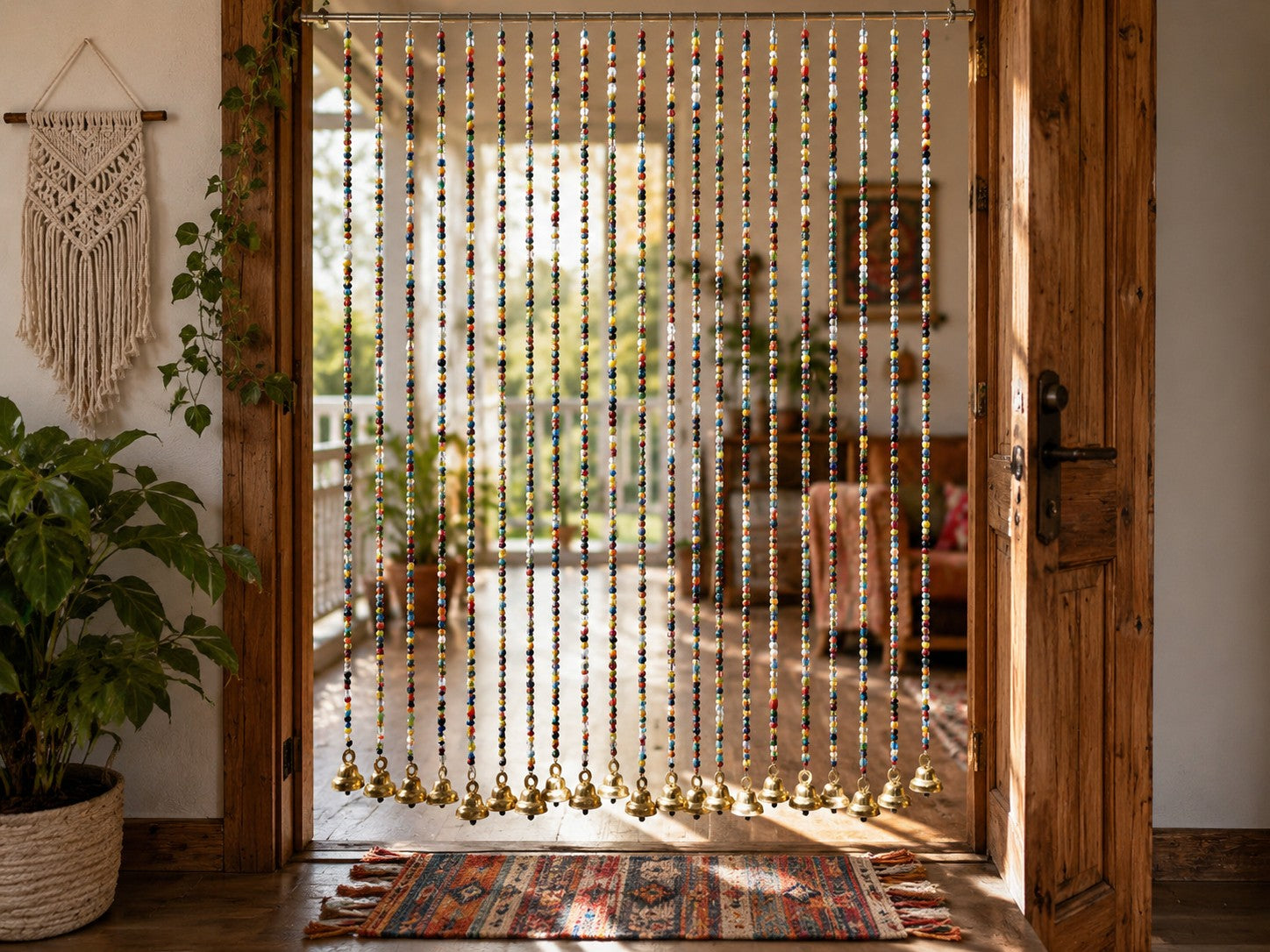 Bohemian Glass Beaded Door Curtain with Tinkling Bells, Colourful Handmade Hanging Bead Curtain for Doorways, Windows &amp; Wall Decor, Boho Room Divider for Bedroom, Living Room, 76 Inches