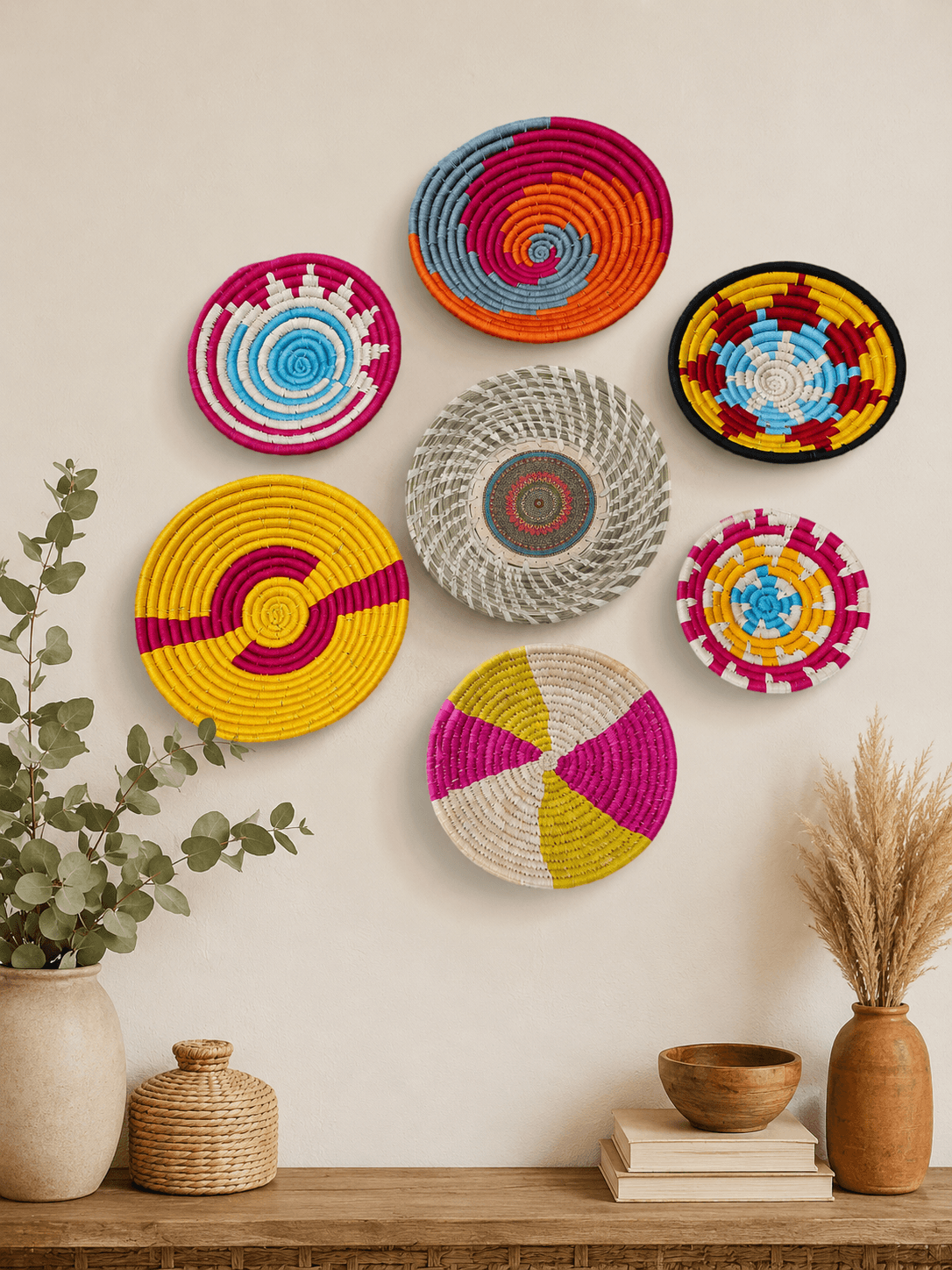 Sabai Grass Handwoven Rattan Wall Baskets Multicolor Bohemian Theme Wall Art Décor Bamboo Wall Baskets set of 7 Pieces (Copy)