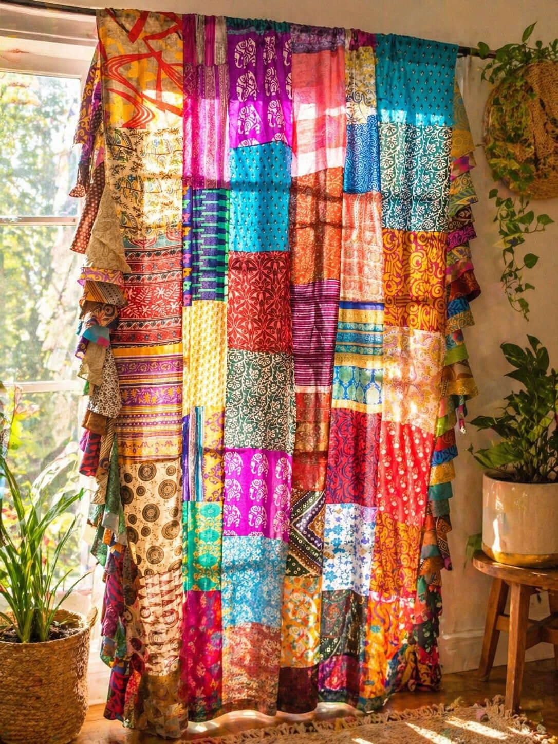 Boho sheer light filtering curtains in multicolor patchwork design, silk sari fabric, displayed in a sunny room.