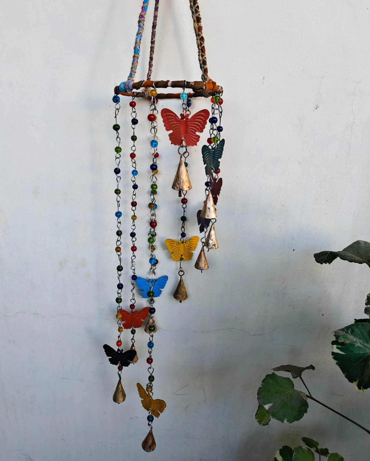 Colorful Butterfly Wind Chime, Handmade Beaded Hanging Chime with Metal Bells, Bohemian Garden Decor for Patio, Porch, Balcony, Window, Indoor Outdoor Decoration