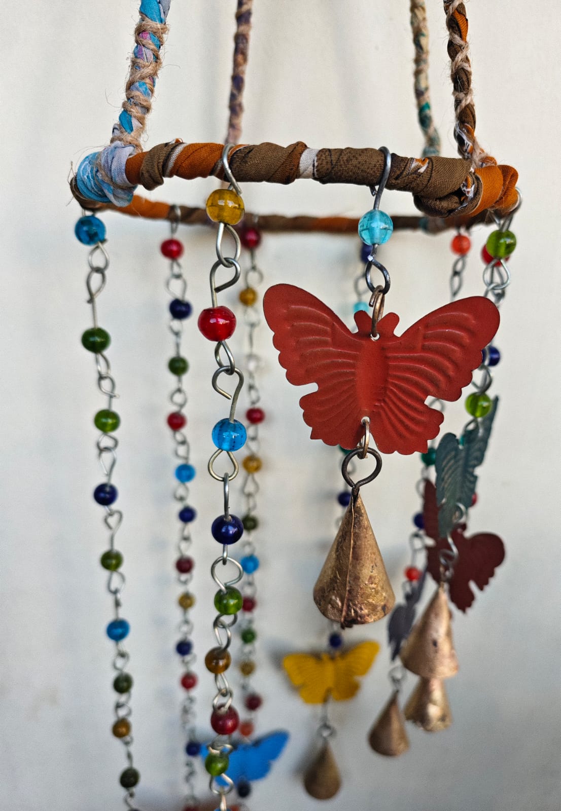 Colorful Butterfly Wind Chime, Handmade Beaded Hanging Chime with Metal Bells, Bohemian Garden Decor for Patio, Porch, Balcony, Window, Indoor Outdoor Decoration