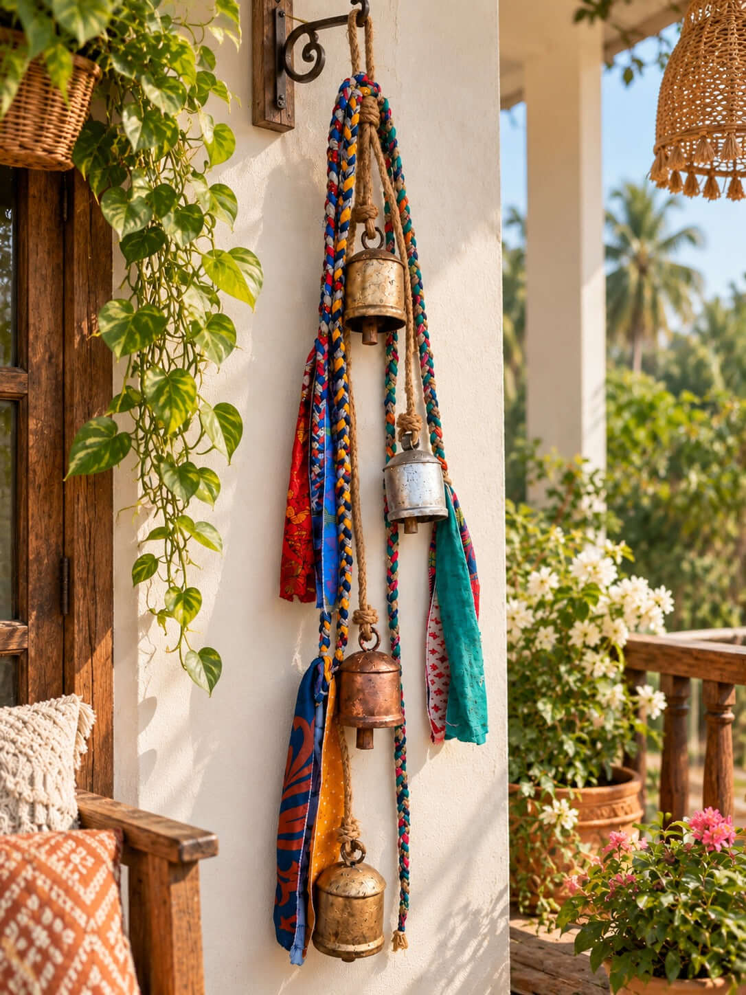Mango Gifts Rustic Harmony Hanging Bells – Bohemian Sari Fabric Wind Chime for Porch, Patio, Garden & Farmhouse Decor