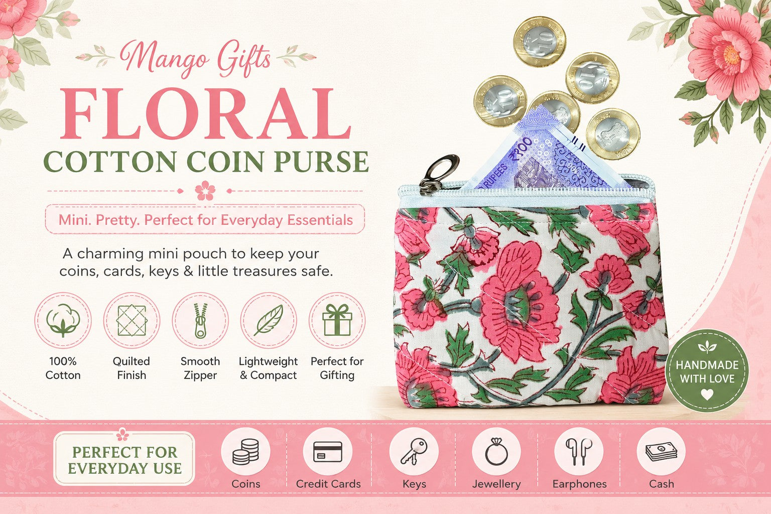Mini Quilted Zip Pouch for Coins, Credit Cards, Cash, Keys & Jewellery, Handmade Block Print Wallet, Travel Organizer for Women