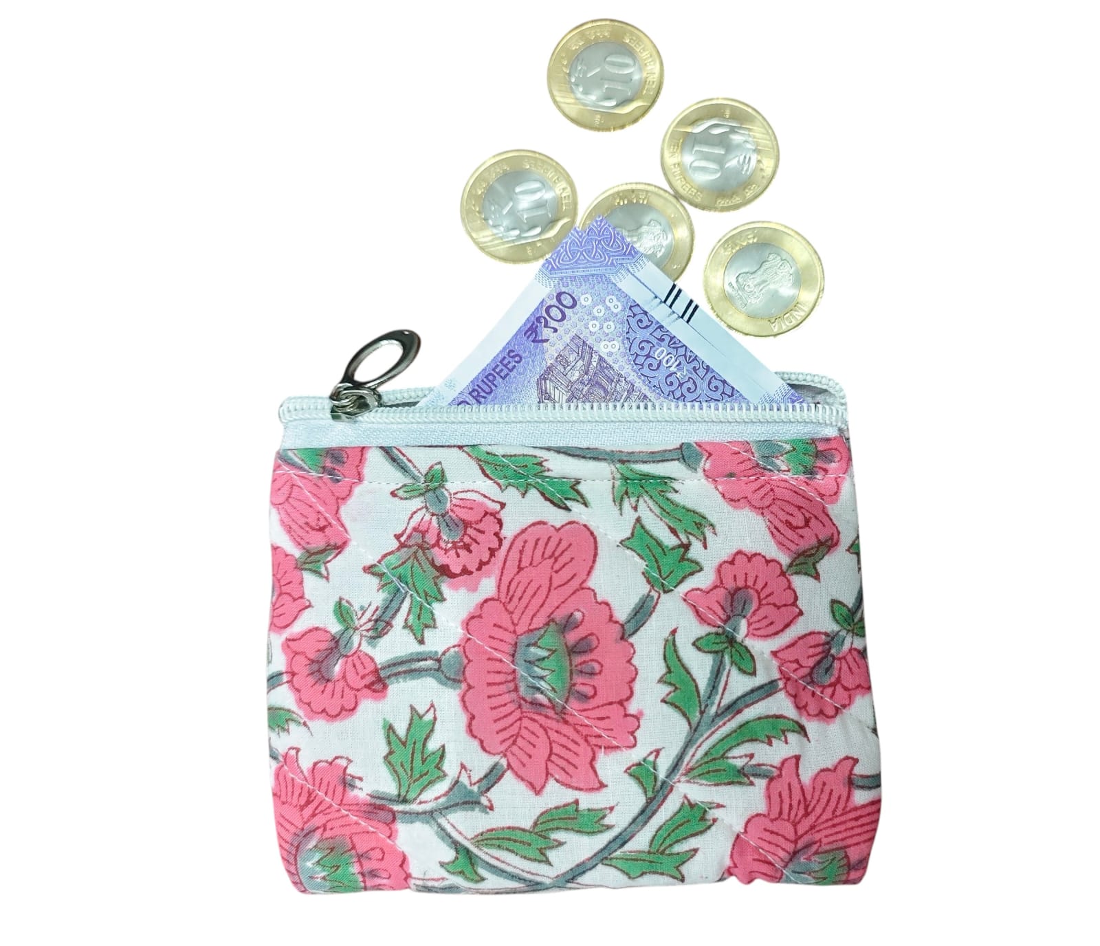 Mini Quilted Zip Pouch for Coins, Credit Cards, Cash, Keys & Jewellery, Handmade Block Print Wallet, Travel Organizer for Women