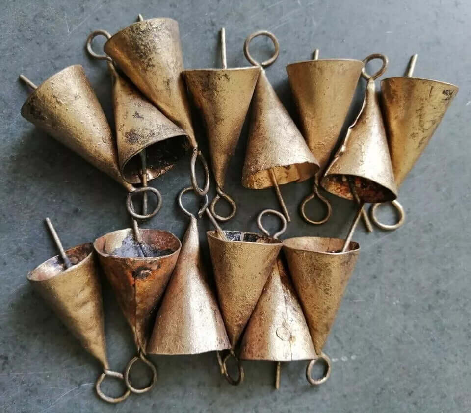 Shabby chic recycled iron rustic cone shape bells, handmade in India, 1.75 inches tall, perfect for crafts and decoration.