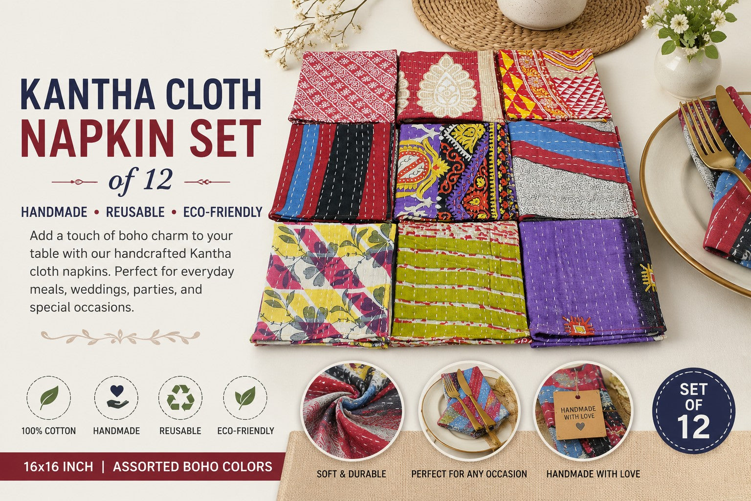 Indian Floral Print 100%Cotton Sari Fabric Napkins Assort. Kantha Work Reversible Table Napkins