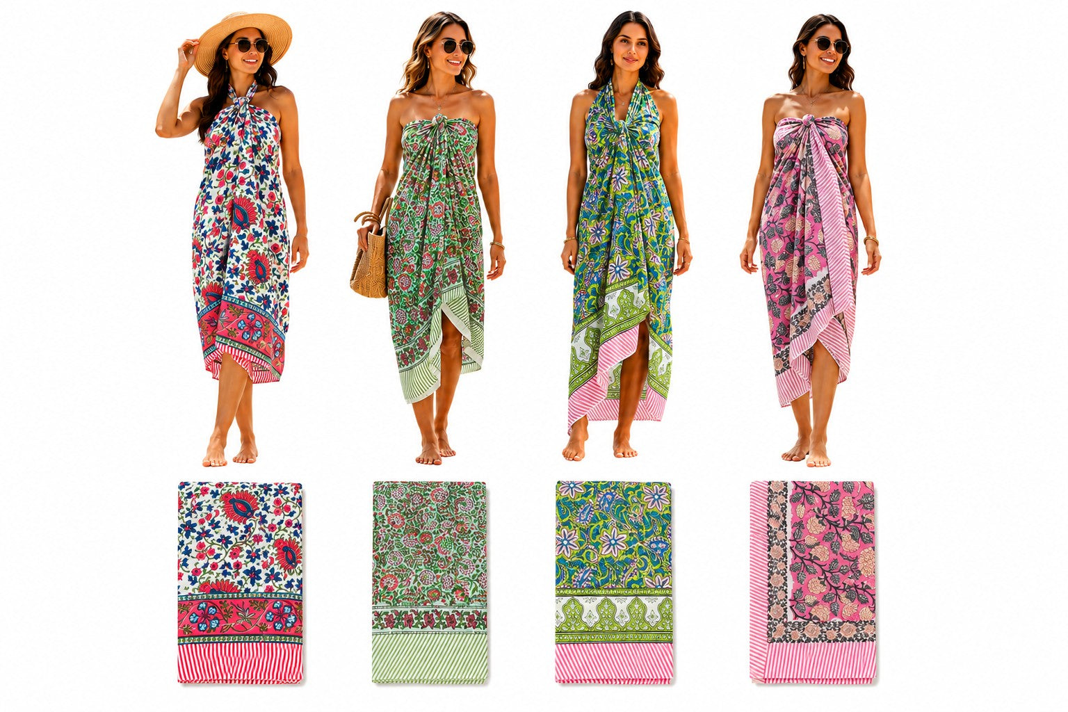 Hand Block Print Cotton Sarong – Women's Beach Wrap Pareo, Swimsuit Cover Up, Lightweight Resort Wear & Tropical Vacation Apparel