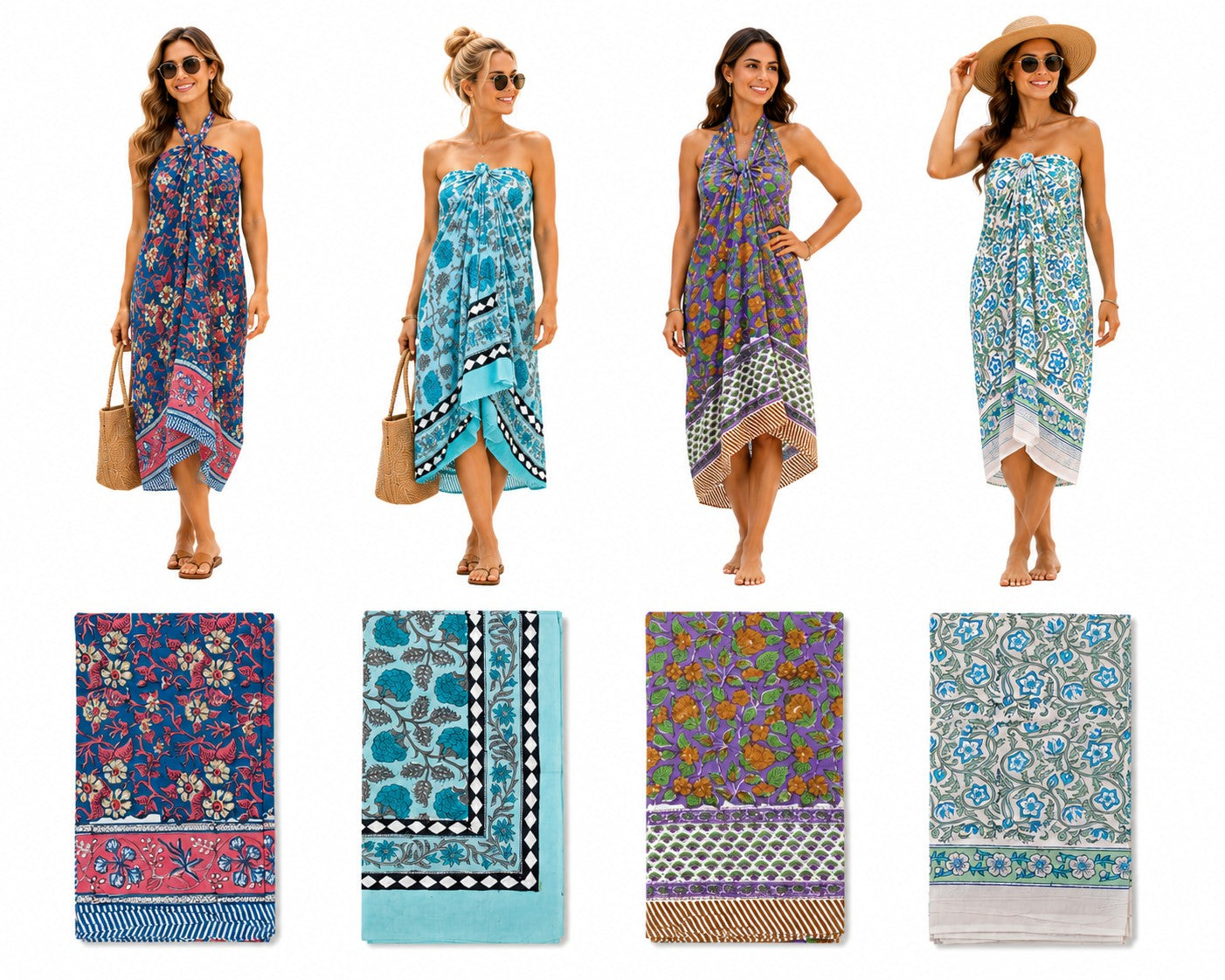 Hand Block Print Cotton Sarong – Women's Beach Wrap Pareo, Swimsuit Cover Up, Lightweight Resort Wear & Tropical Vacation Apparel
