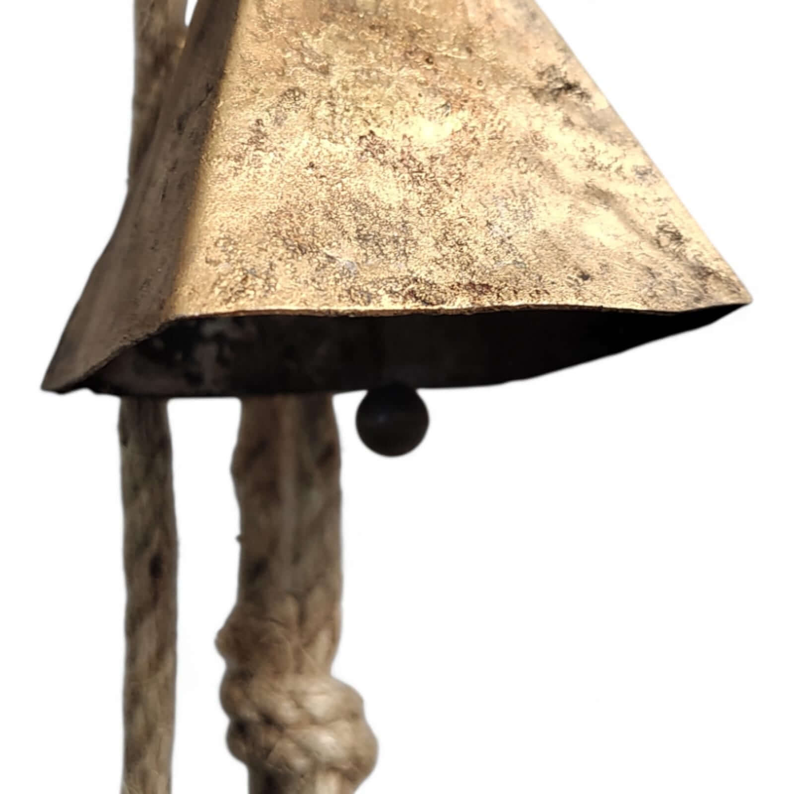 Rustic iron bell with jute rope, vintage style wind chime for calming outdoor ambiance, 2.25" inch size.