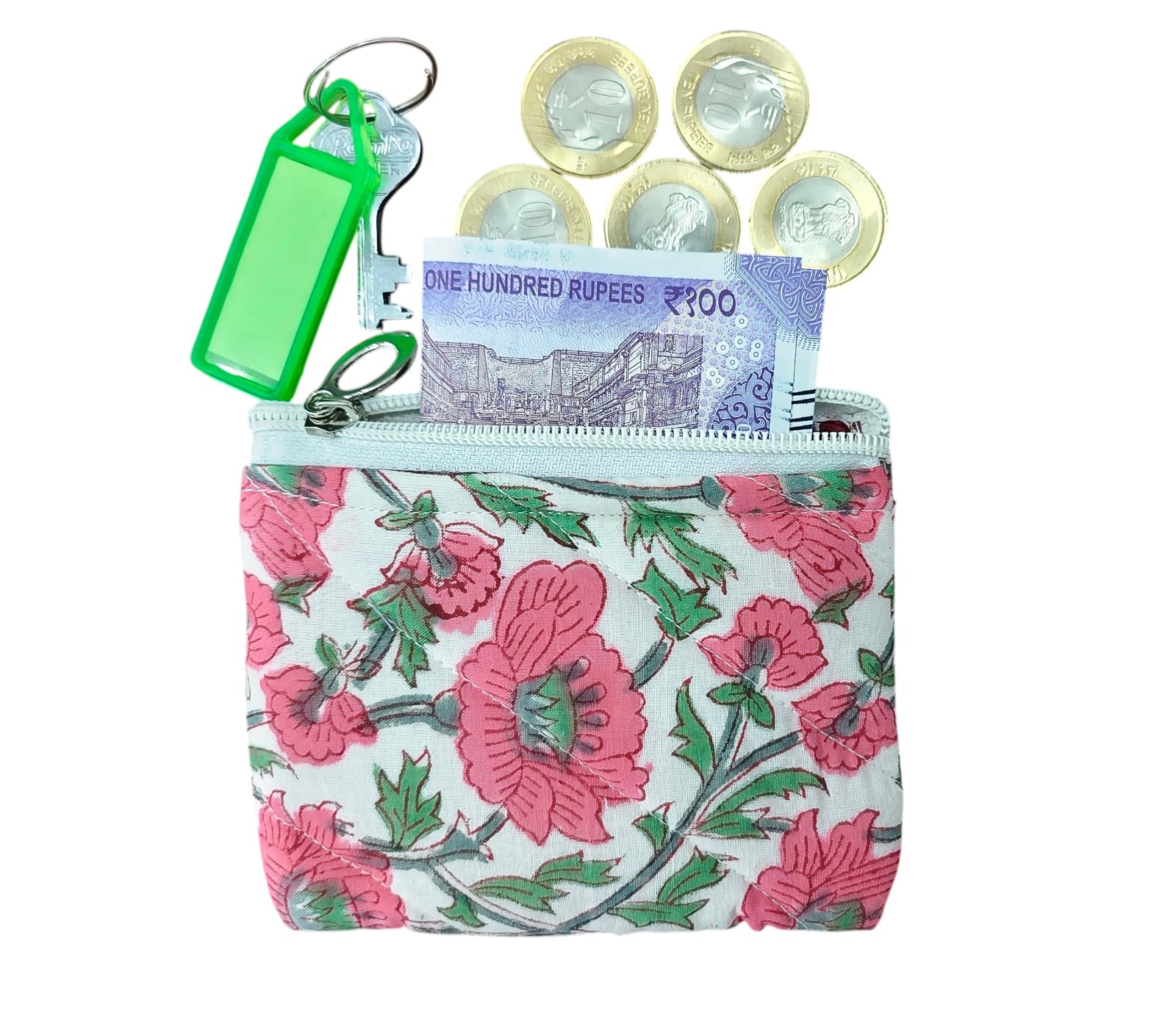 Mini Quilted Zip Pouch for Coins, Credit Cards, Cash, Keys & Jewellery, Handmade Block Print Wallet, Travel Organizer for Women