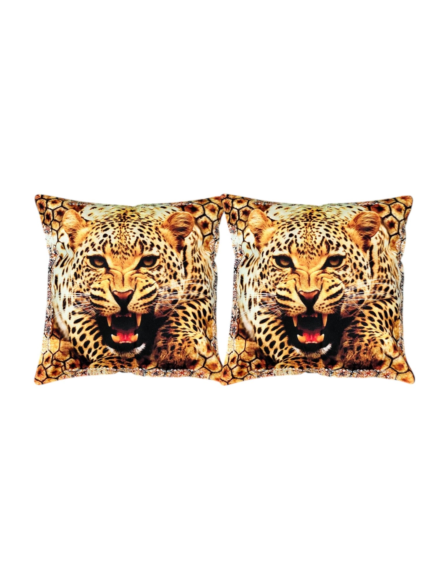 Set of 2 decorative cushion covers featuring fierce leopard face digital print, perfect for sofa and bed accent.
