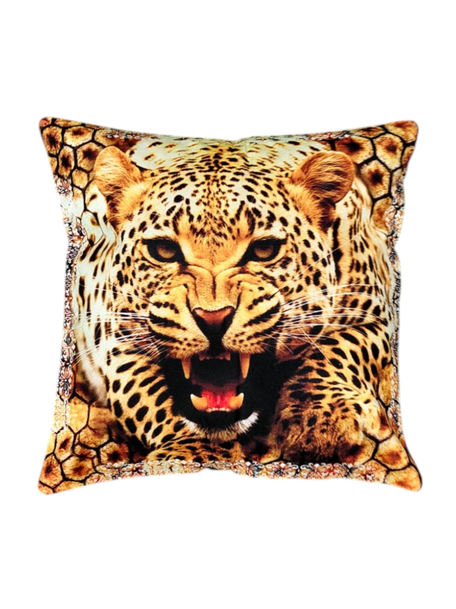 Vibrant digital print of a fierce leopard face on a decorative throw pillow cover for sofa or bed.