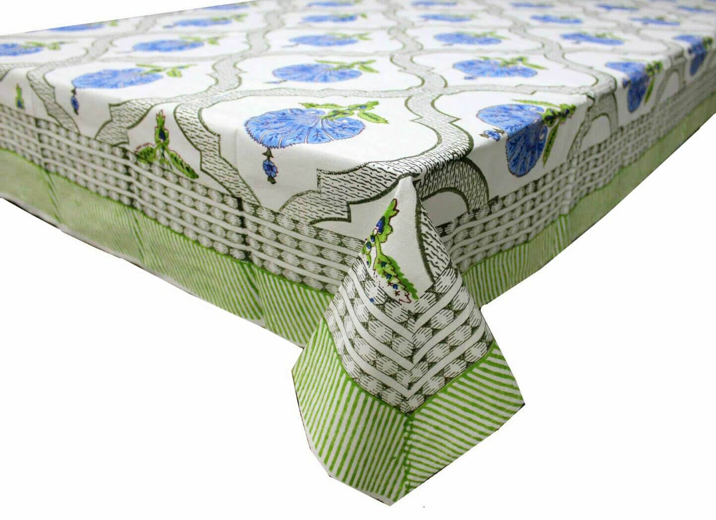 Elegant Boho floral hand block print tablecloth in blue and white, perfect for dining, parties, and seasonal decor.