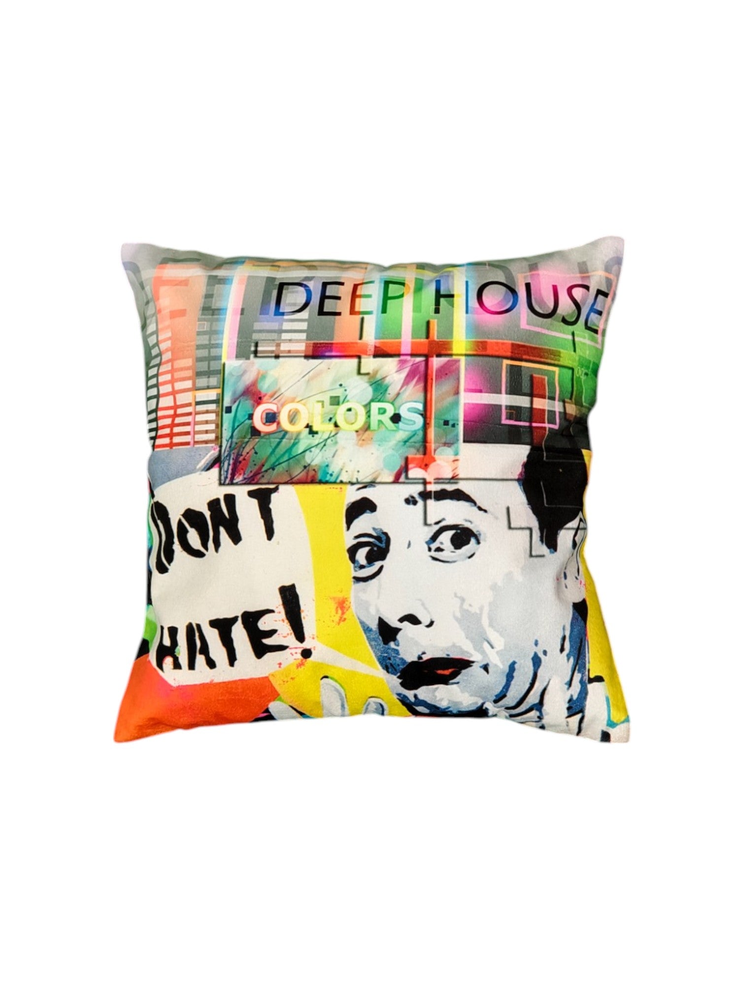 Multicolor graffiti art cushion cover featuring 'Don't Hate' and 'Deep House Colors' for vibrant home decor.