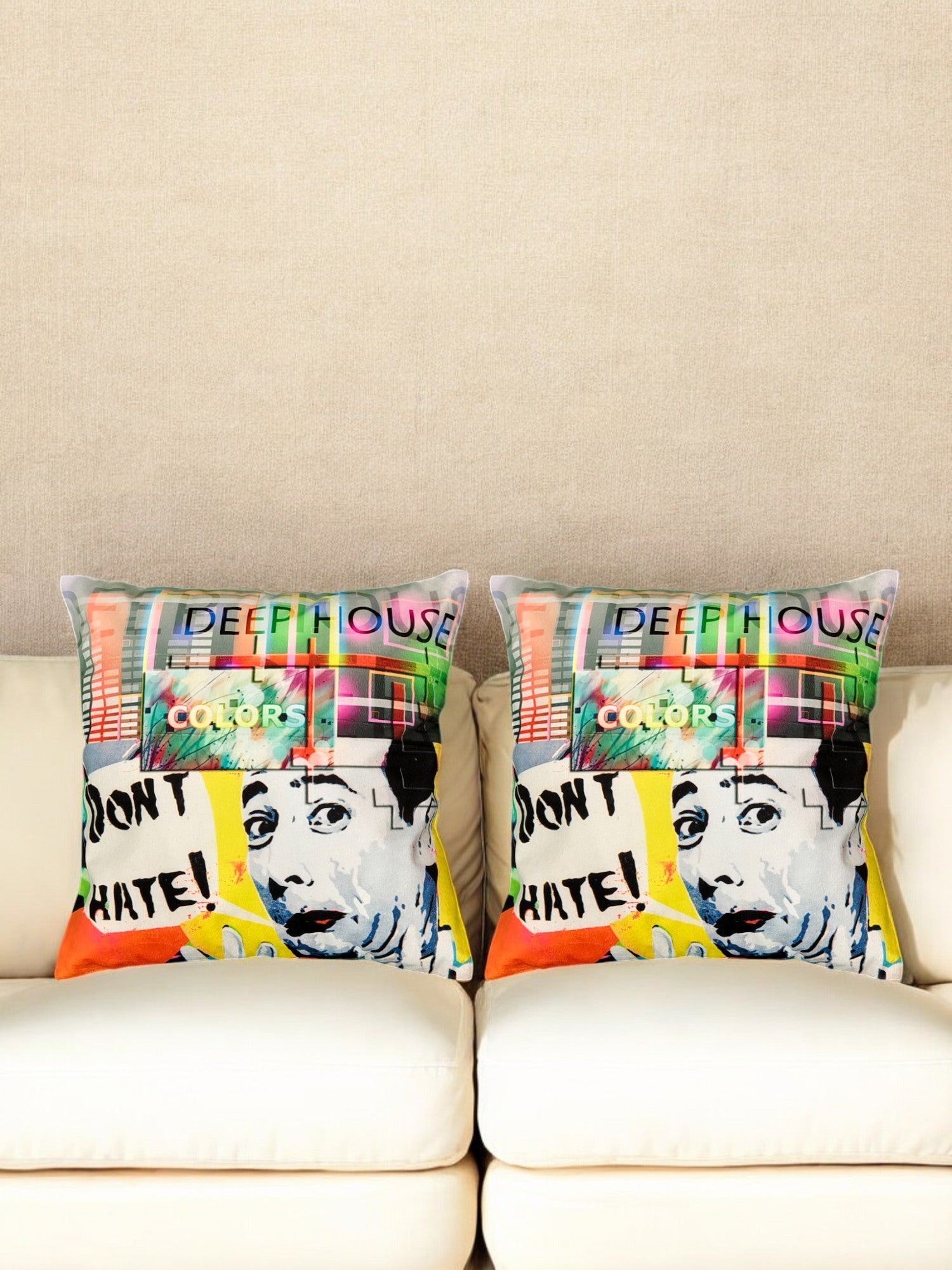 Colorful 'Don't Hate' graffiti art cushion covers on a stylish sofa, perfect for adding urban vibes to your decor.