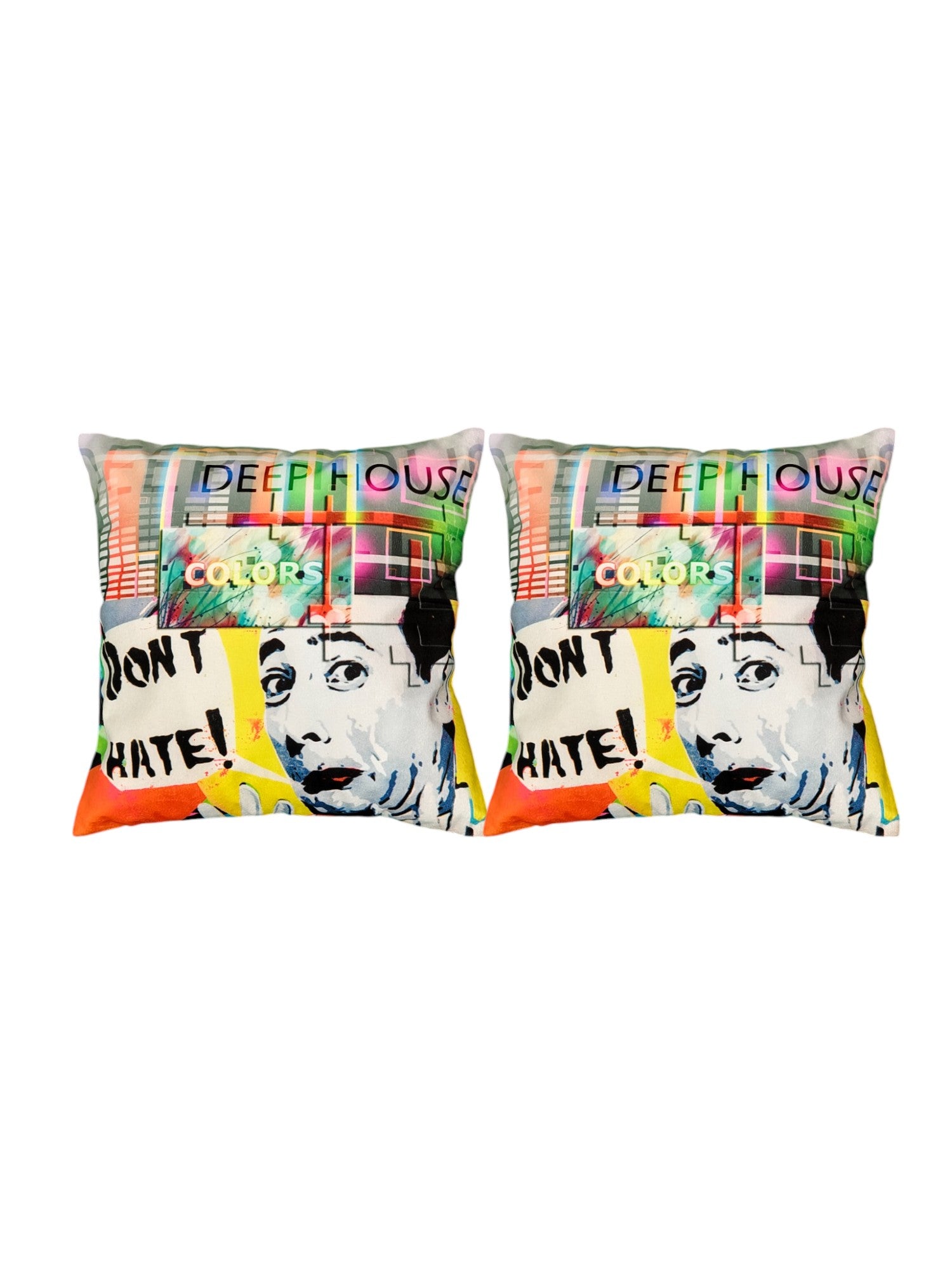 Multicolor "Don't Hate" graffiti art cushion covers, set of 2, 16x16 inches, perfect for sofa or bed accent.