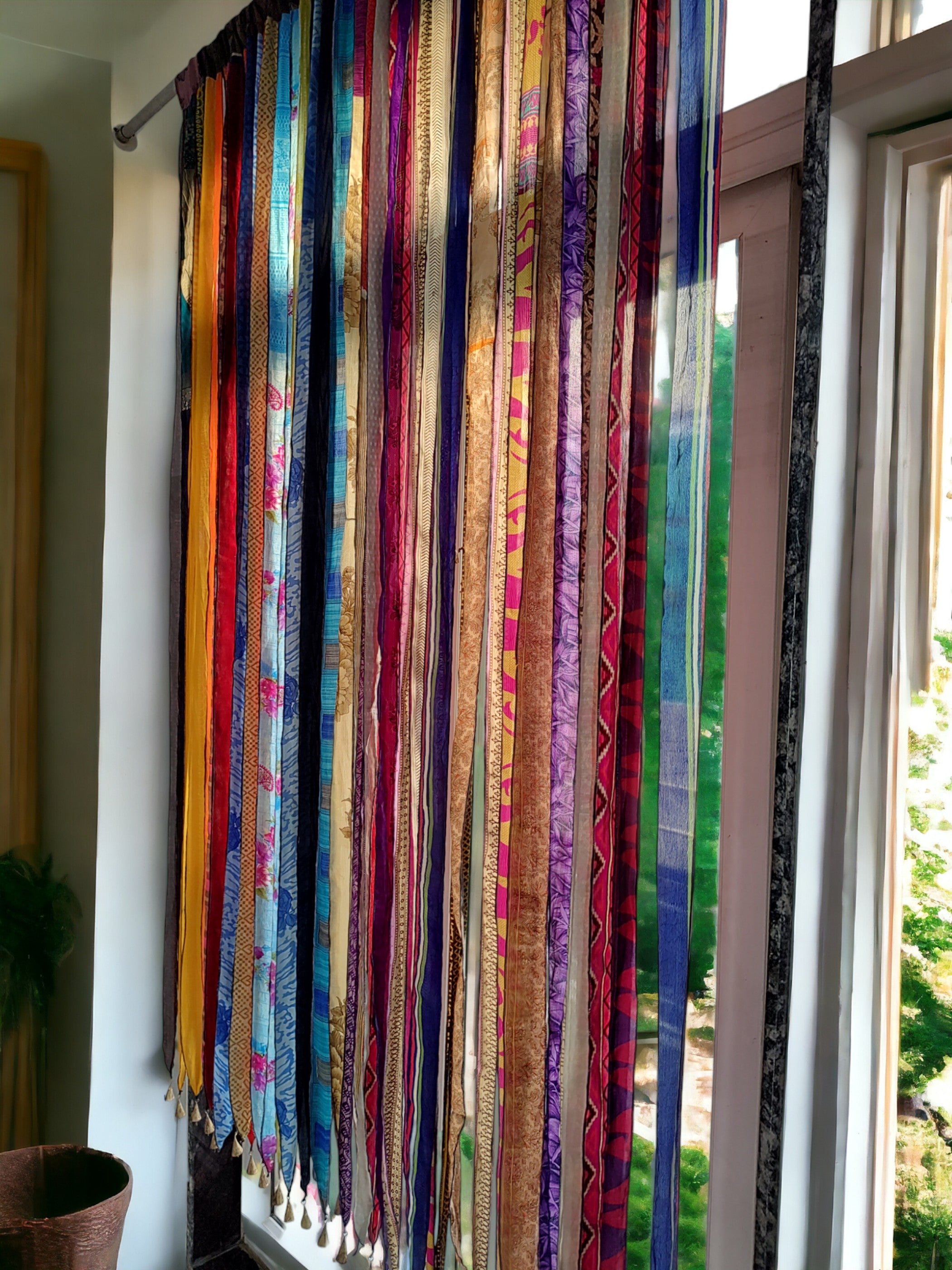 Boho Old Silk Sari Ribbon Doorway Curtain - 85x45 Inch
