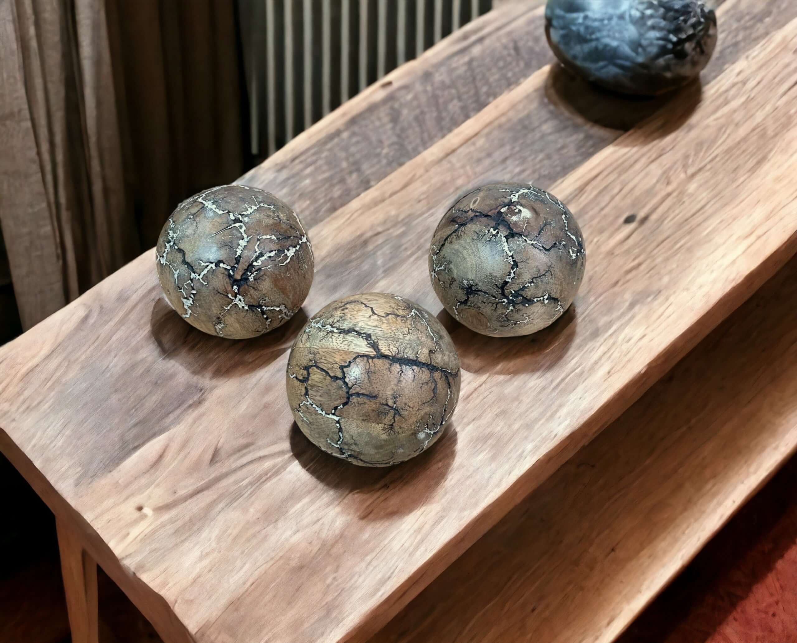Adorable handcrafted wood balls in 2 styles, perfect for rustic home accents, table decorations, and country style decor.