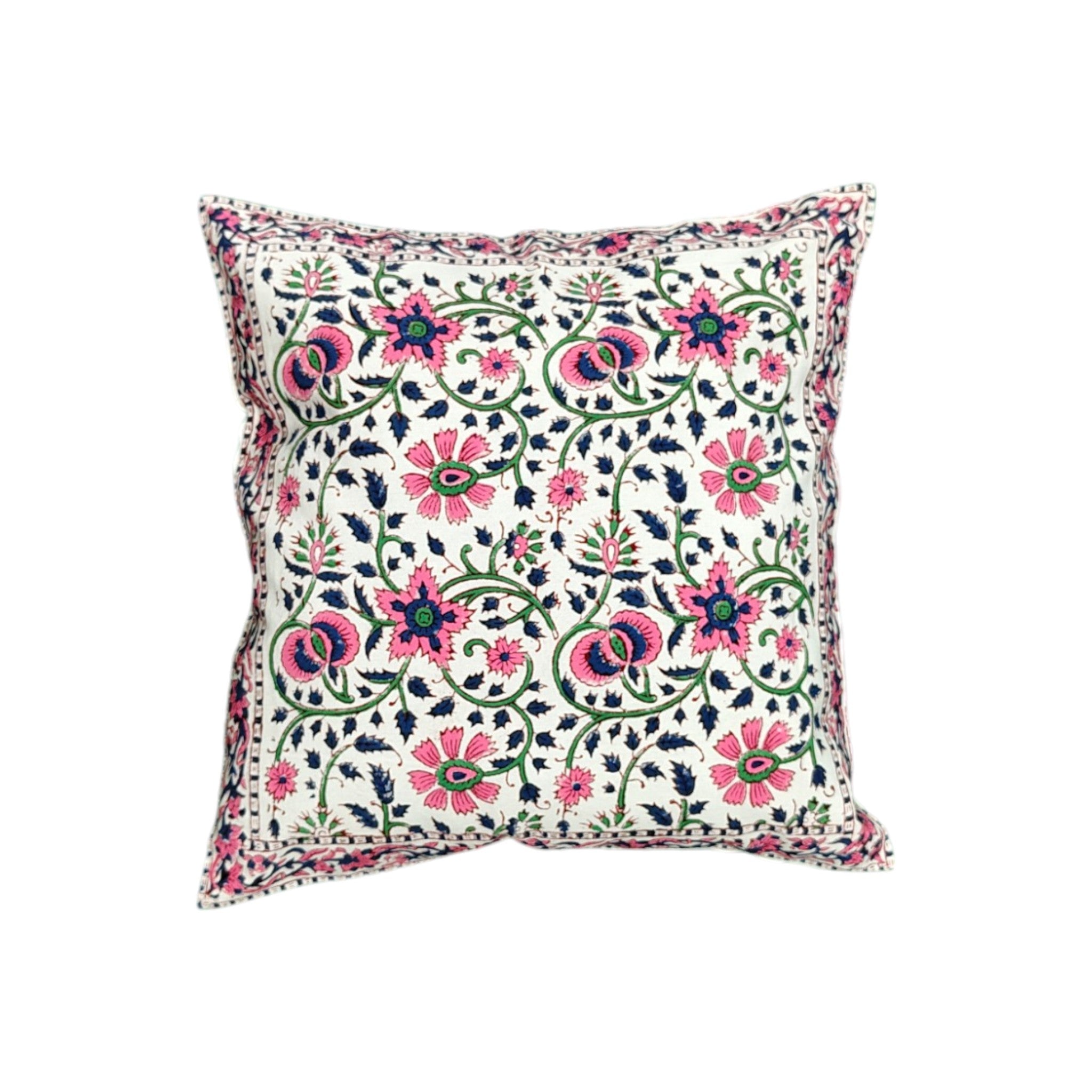 Floral embroidered cushion cover with pink and navy designs on a white base, perfect for upscale decor.