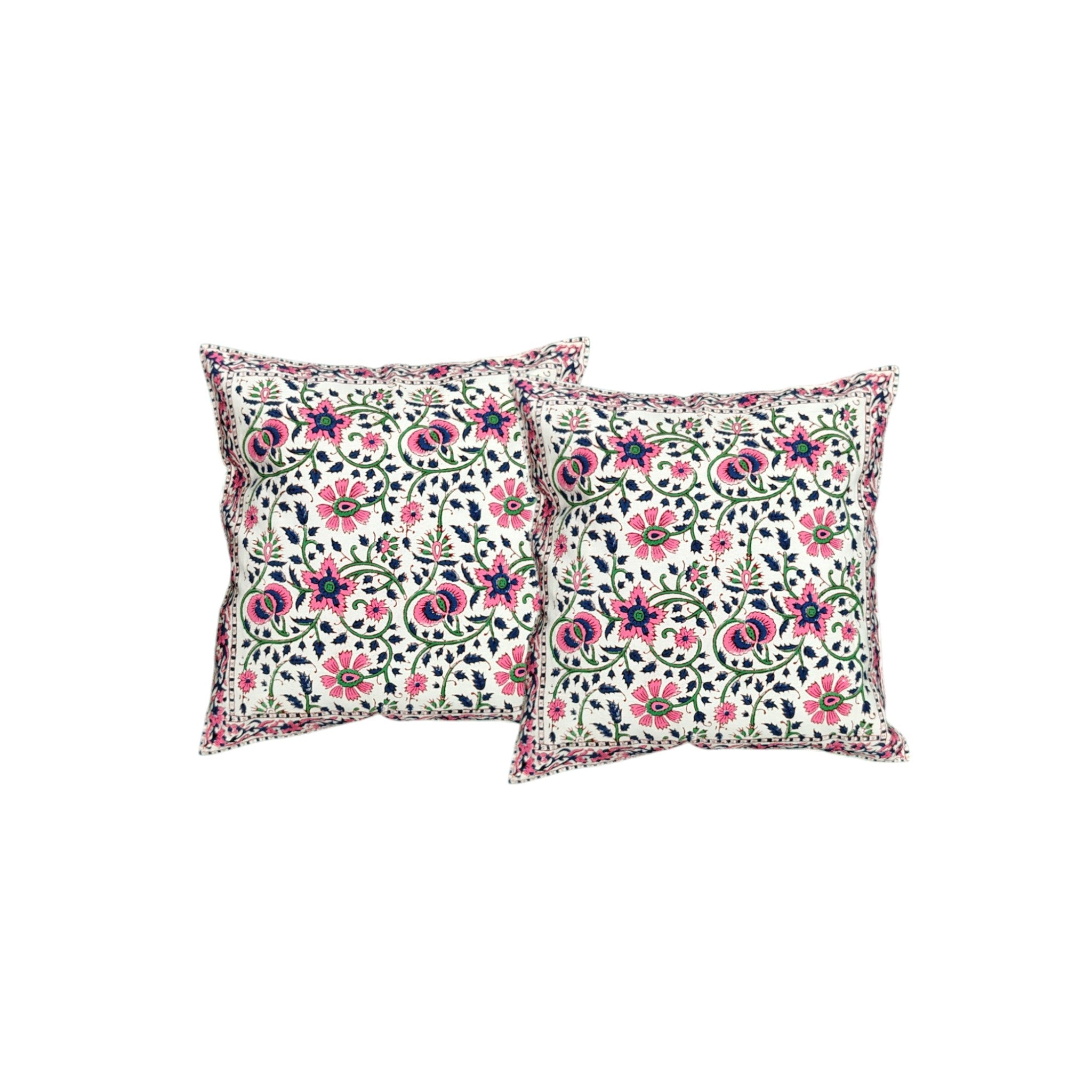 Set of 2 floral embroidered cushion covers with pink and navy designs on a white base, perfect for decorative pillows.