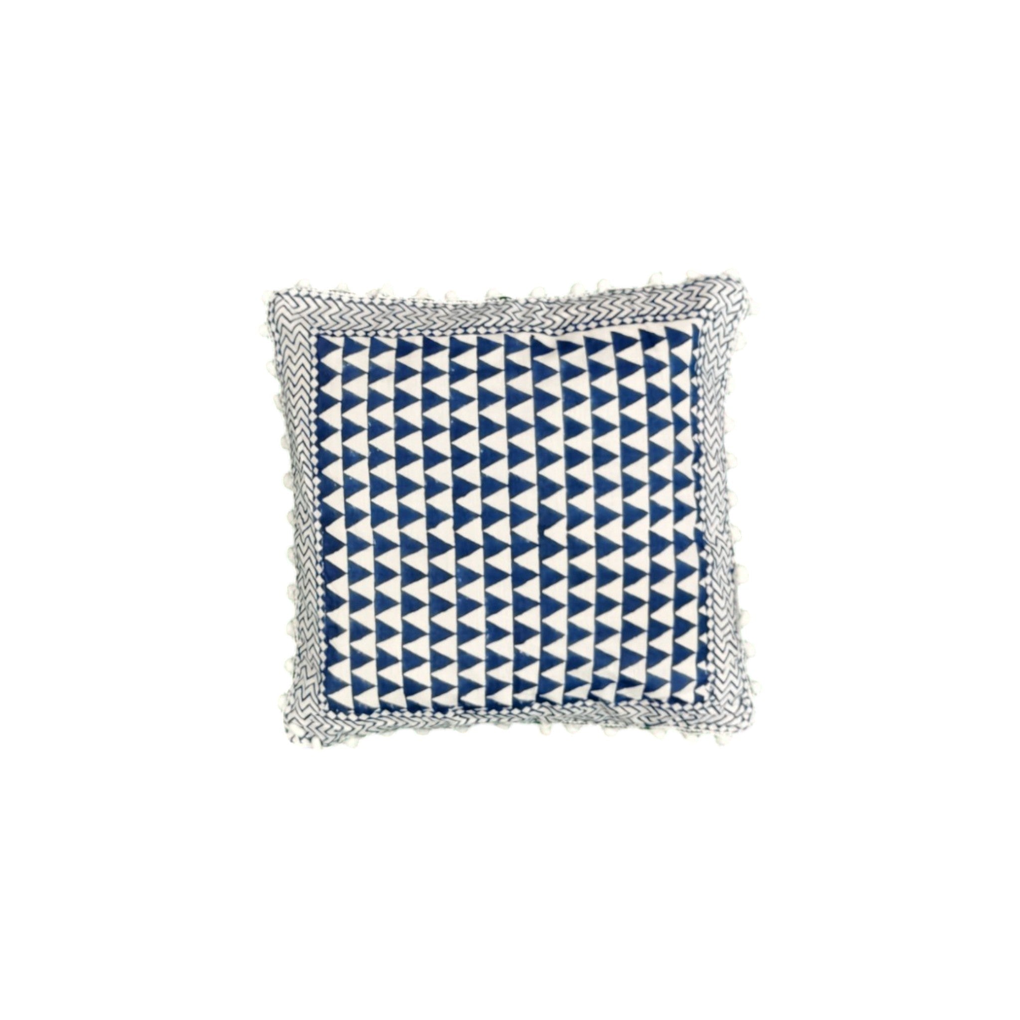 Blue and white geometric triangle printed cushion cover with decorative fringe, 16x16 inch, perfect for modern decor.