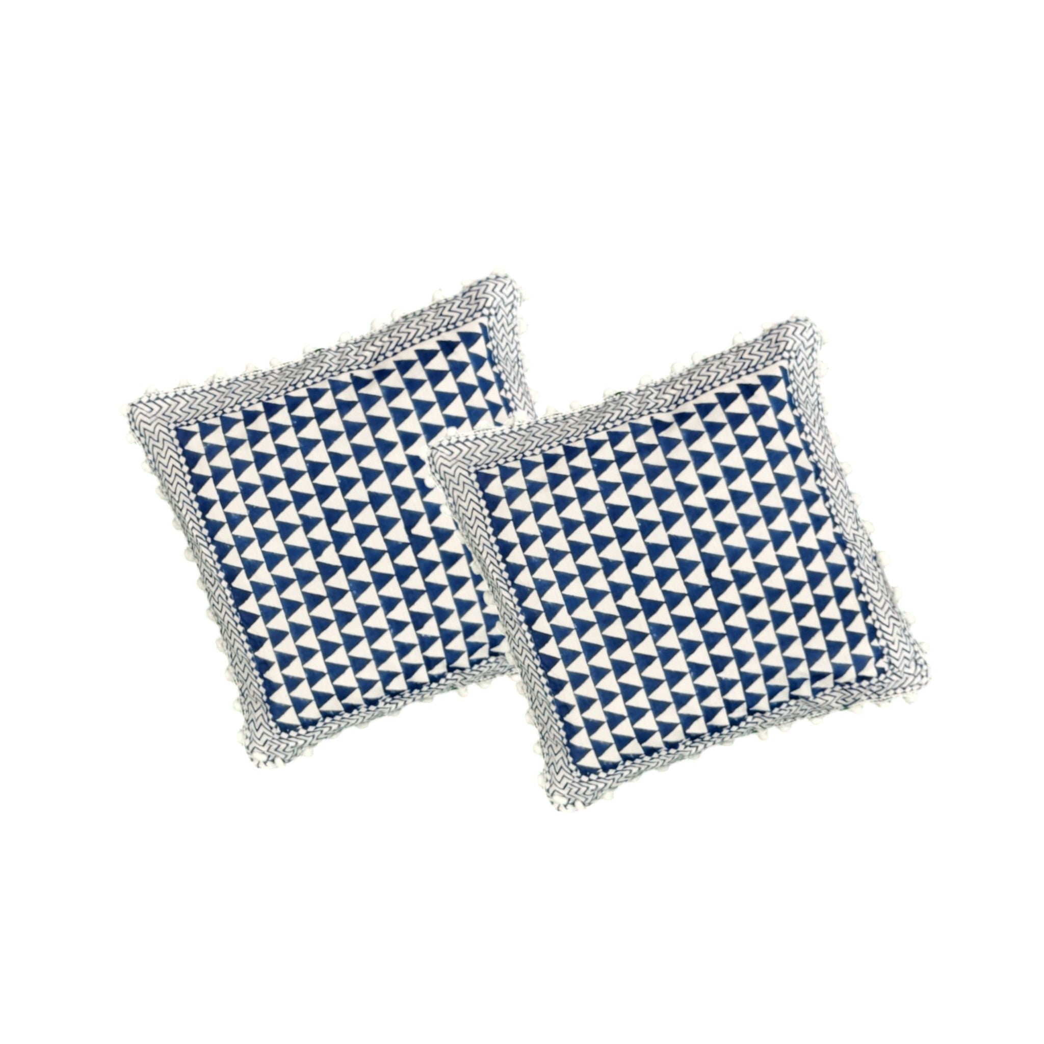 Set of 2 blue and white geometric printed cushion covers with decorative pom-pom fringe, 16x16 inch.