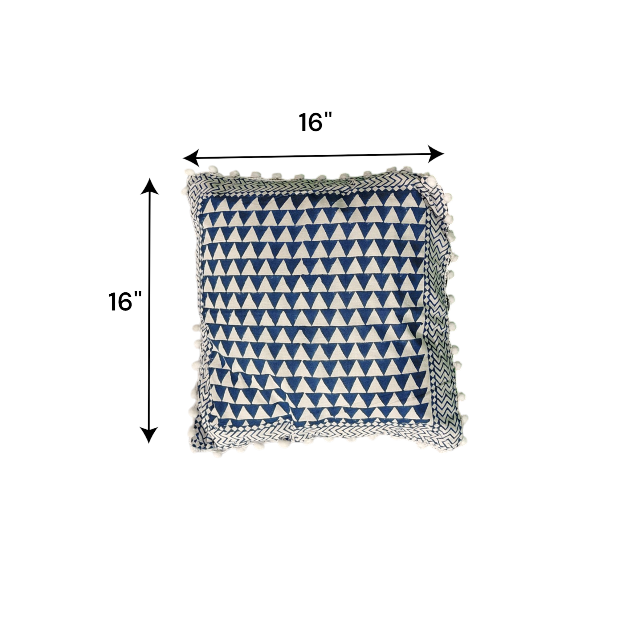 Geometric blue and white digital printed cushion cover with pom-pom fringe, 16x16 inches, perfect for sofa or bed decor.