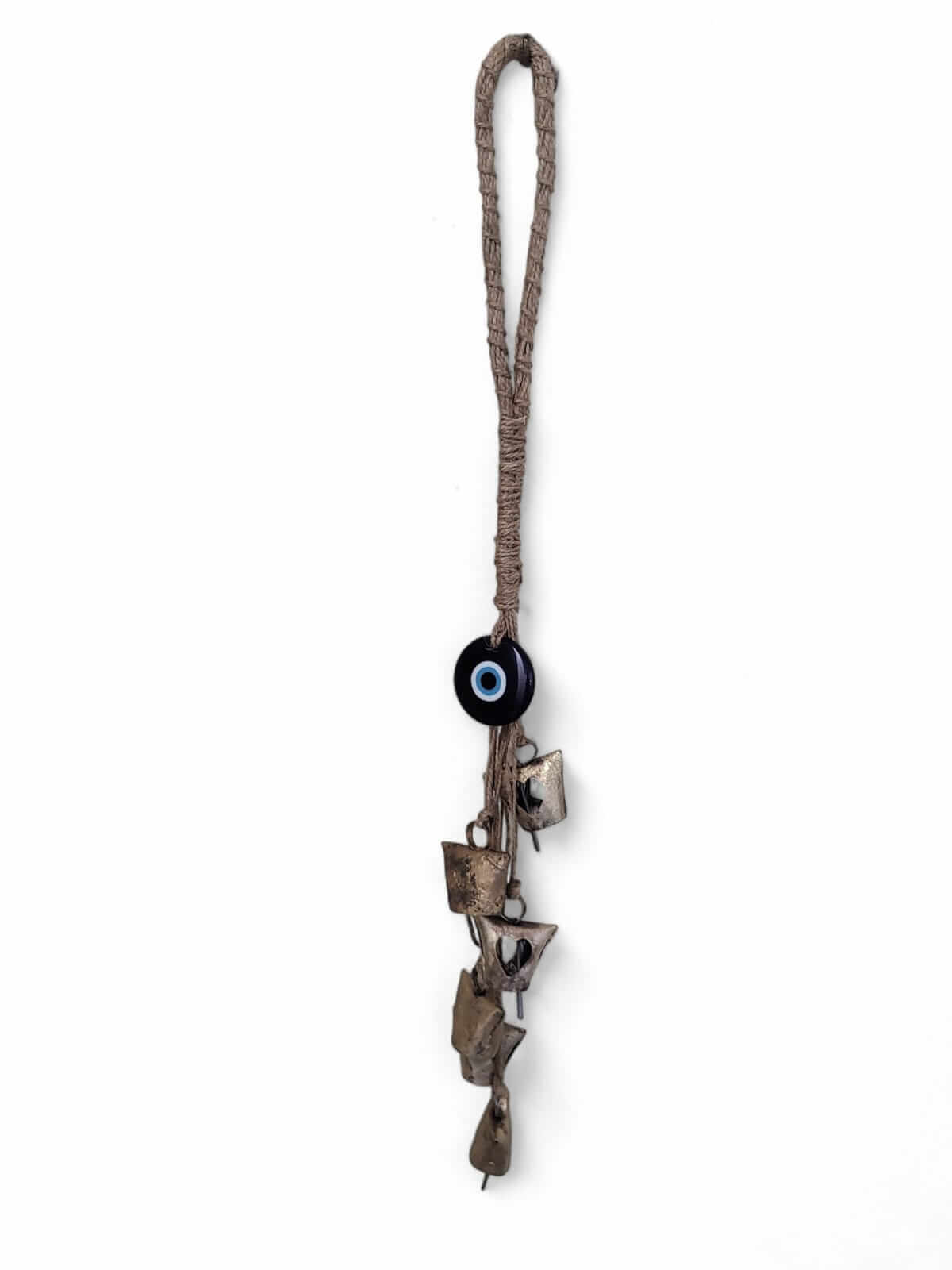 Rustic Christmas bells with five chimes and blue evil eye bead for protection and charm.