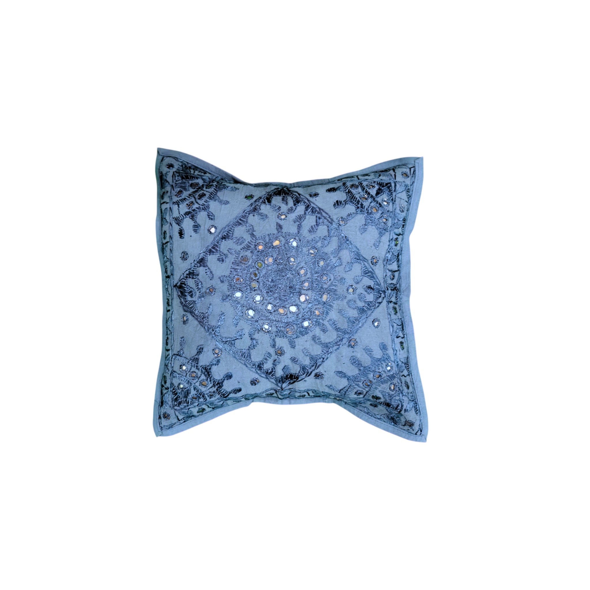 Handcrafted dark blue cushion cover with mirror work and embroidery, perfect for accent pillows.