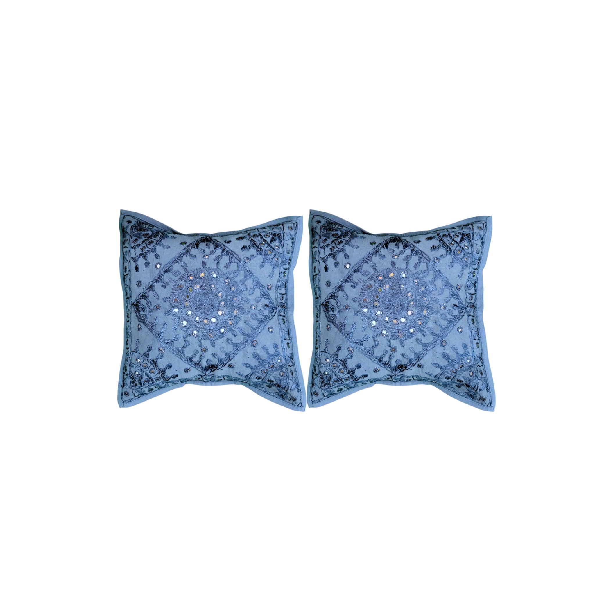 Set of 2 Dark Blue Handmade Cushion Covers with Intricate Mirror Work Design, 16x16 Inches.