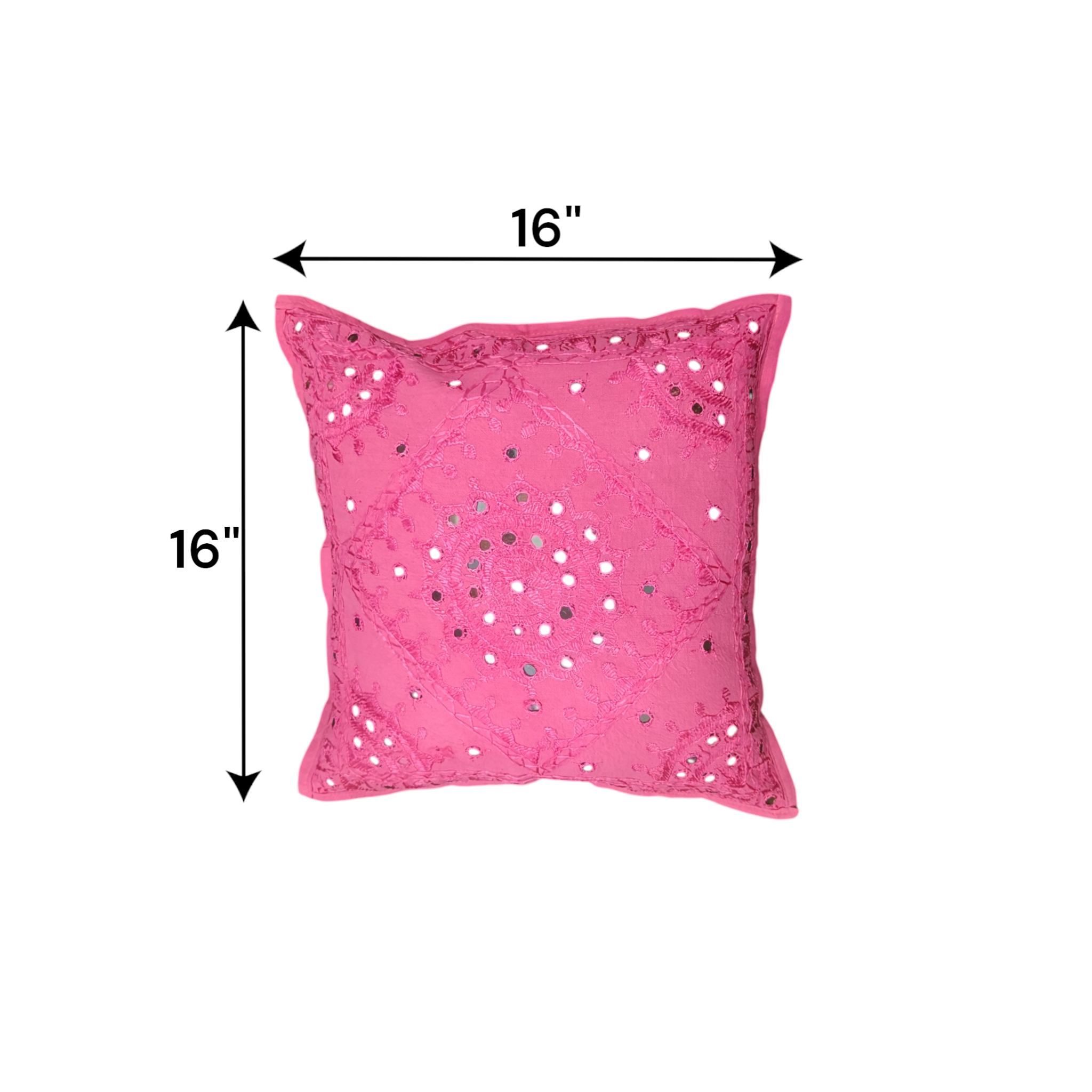 Pink 16x16 Inch handcrafted mirror work cushion cover, vibrant decorative pillow for sofas and beds.