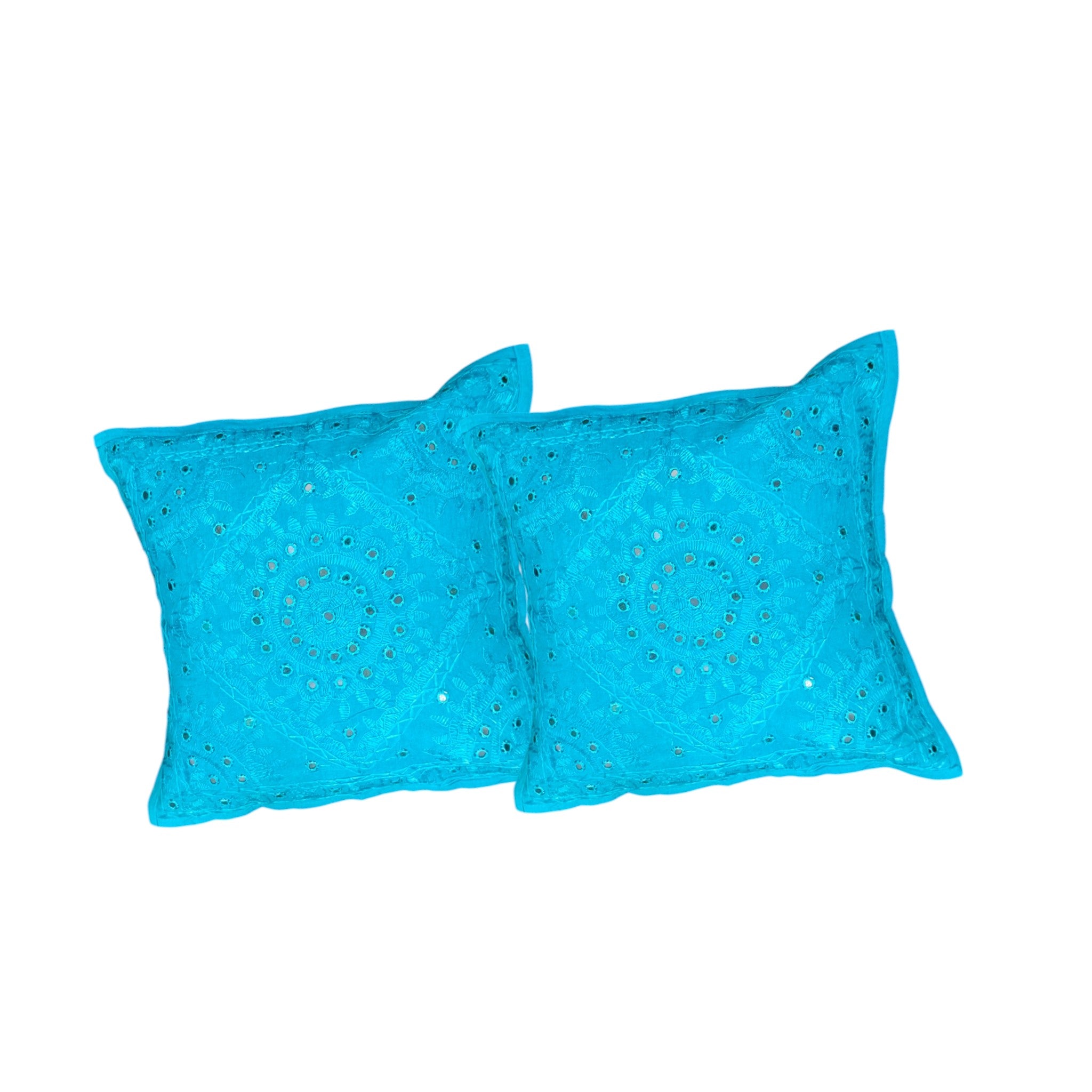 Set of 2 handmade turquoise blue mirror work cushion covers, decorative throw pillows for sofa and bed.