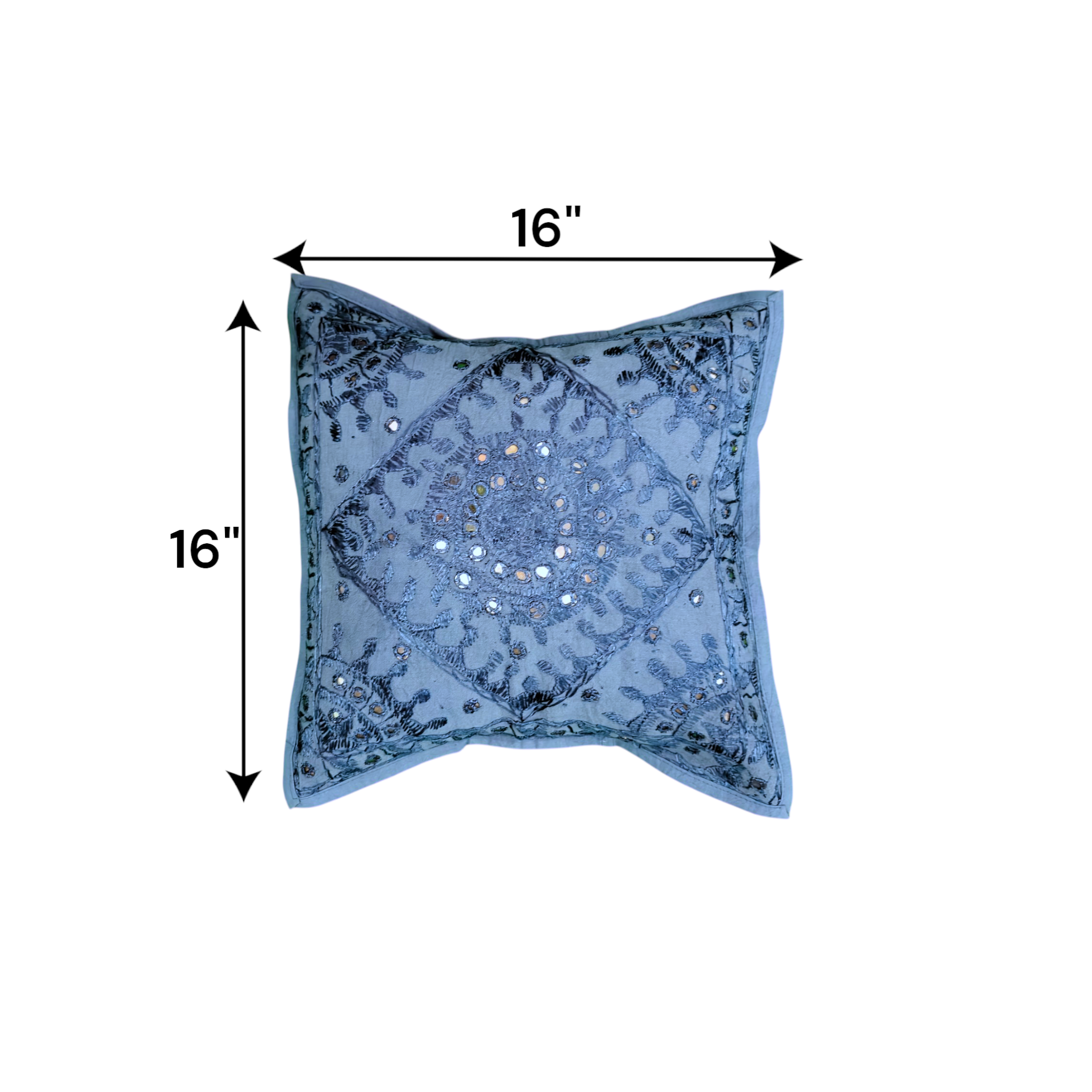 Handmade 16x16 Dark Blue Cushion Cover with Mirror Work and Embroidery, perfect for accenting sofas and beds.