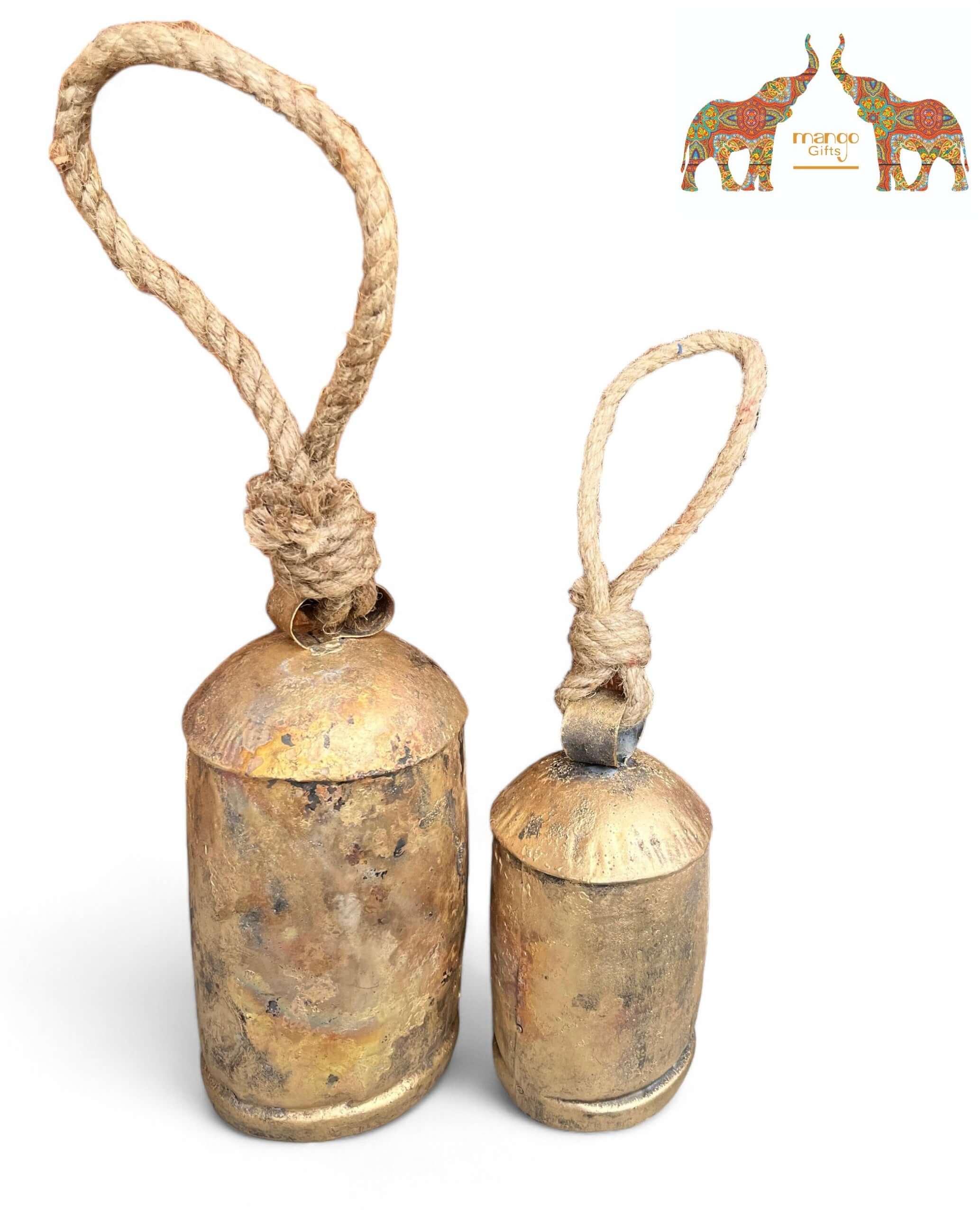 Set of 2 vintage rustic cow bells with jute rope hangers, handcrafted antique gold finish for garden decor.