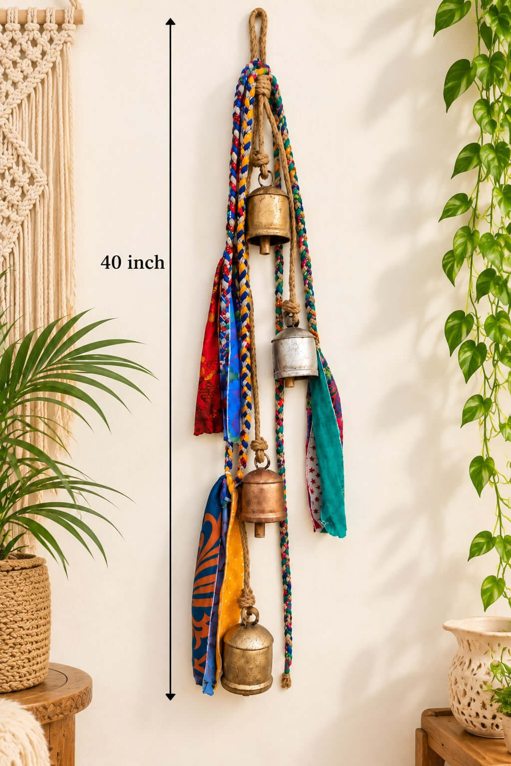 Mango Gifts Rustic Harmony Hanging Bells – Bohemian Sari Fabric Wind Chime for Porch, Patio, Garden & Farmhouse Decor