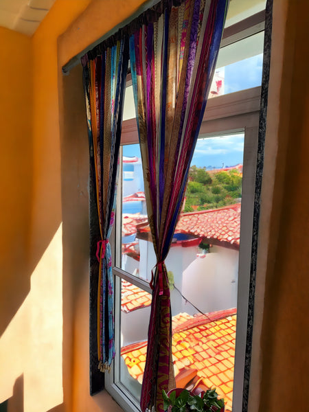 Old Silk Sari Multicolor Ribbon Doorway Curtain Hippie Bohemian Room Divider Light-Filtering Boho Curtains Rod Pocket Window Drape for Livingroom Bedroom 85 x 45 Inch