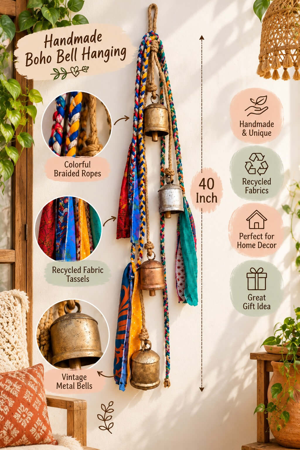 Mango Gifts Rustic Harmony Hanging Bells – Bohemian Sari Fabric Wind Chime for Porch, Patio, Garden & Farmhouse Decor