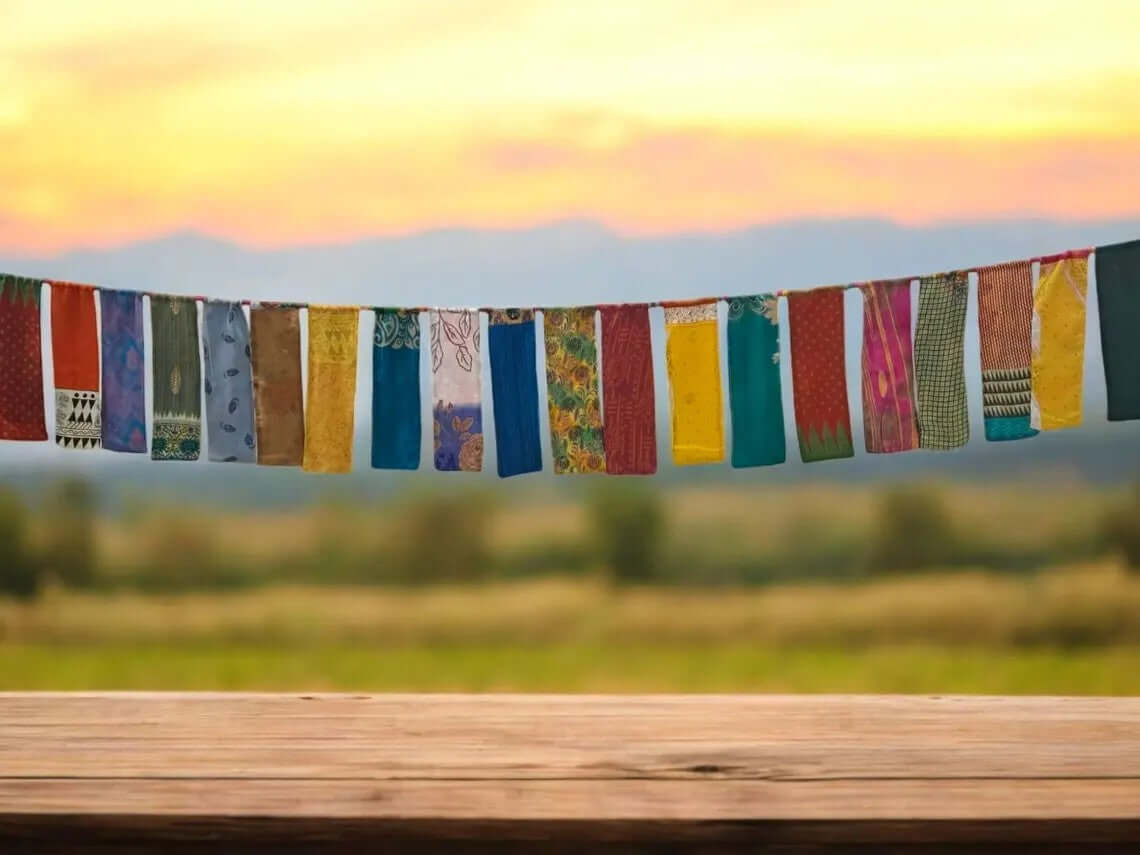 Vintage sari garland handmade fabric home decor hanging against a sunset backdrop with colorful flags.