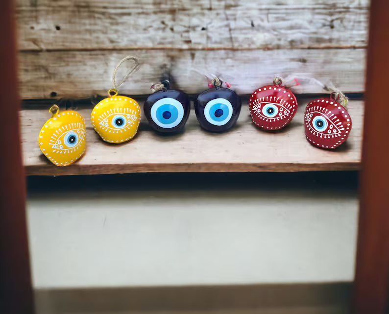 Hand-painted Evil Eye Bells Hanging Chime, Bohemian Garden Decor pack of 6 Pieces