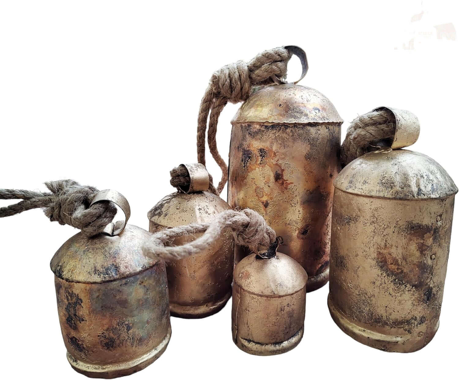Giant Rustic Cow Bells Decor – 8 Piece Antique Bell Collection featuring recycled iron bells with rustic charm.