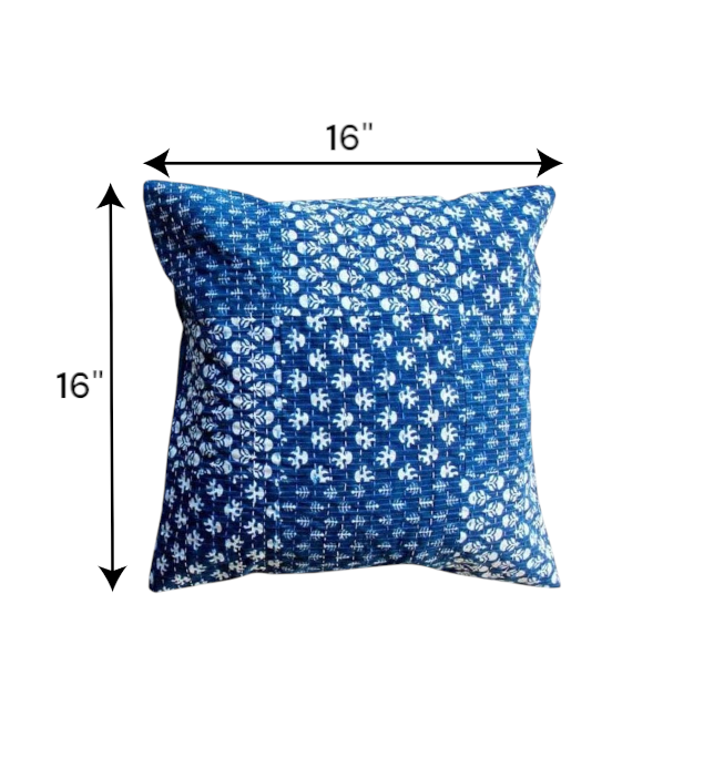 Indigo blue geometric digital print cushion cover 16x16 inches, decorative throw pillow for sofa or bed.