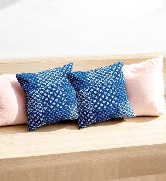 Set of 2 indigo blue geometric cushion covers on a couch, perfect for sofa and bed decor, handmade throw pillows.