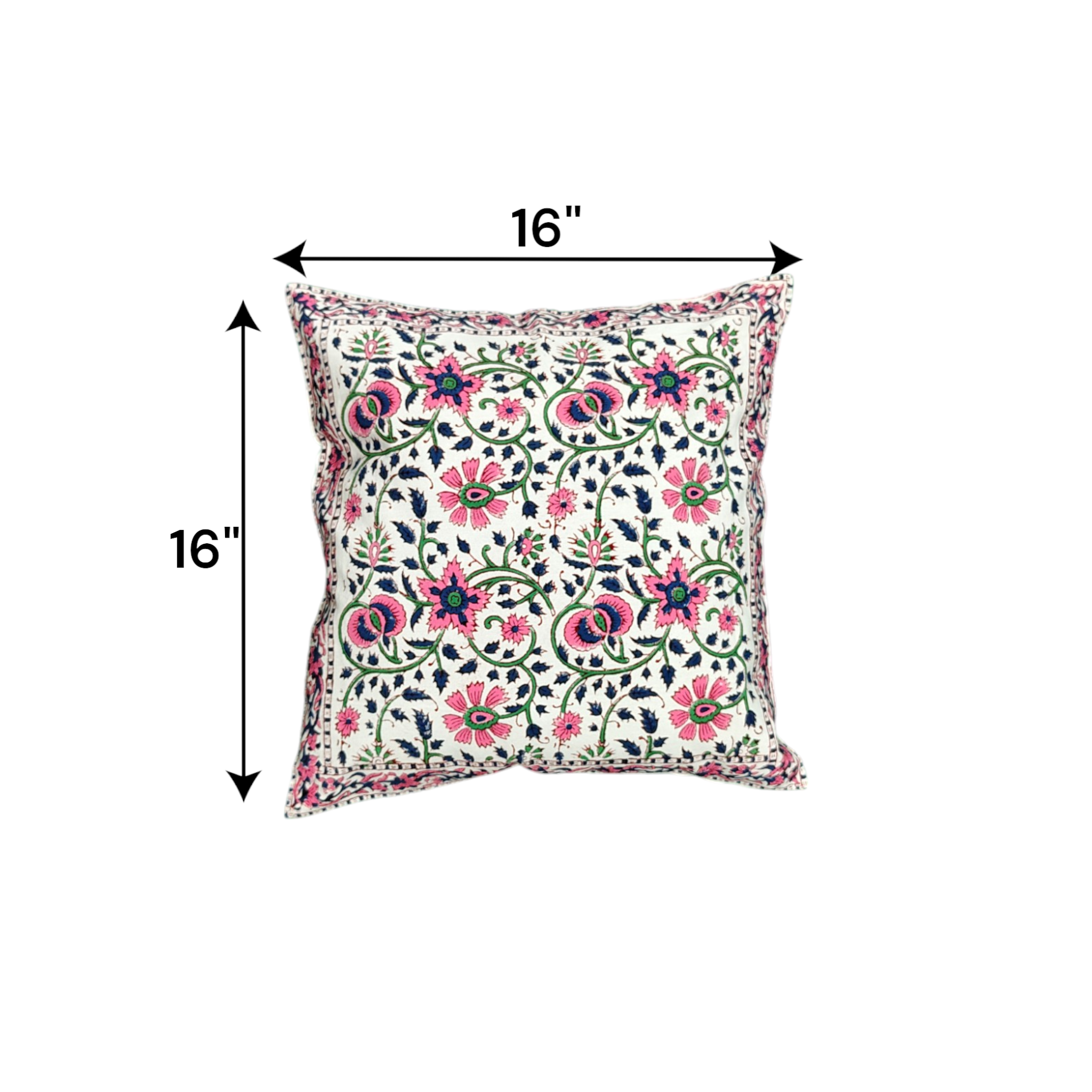 Floral embroidered cushion cover with pink and navy design on a white base, measuring 16x16 inches, perfect for decorative pillows.