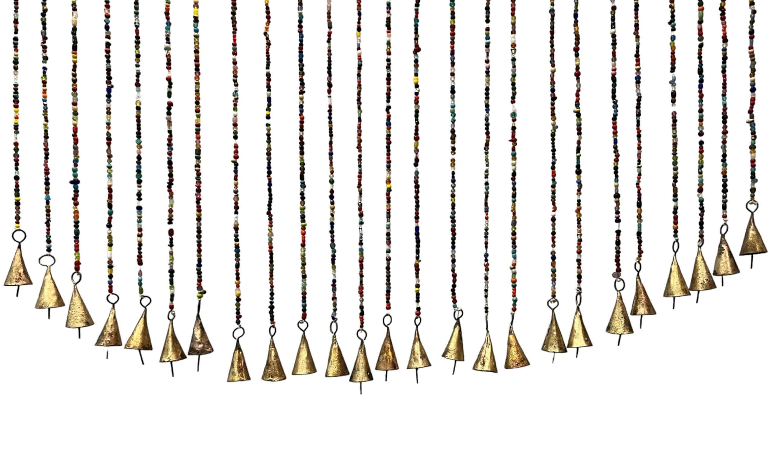 Colorful beaded doorway garland with jingle bells, ideal boho curtain and room divider for vibrant home decor.